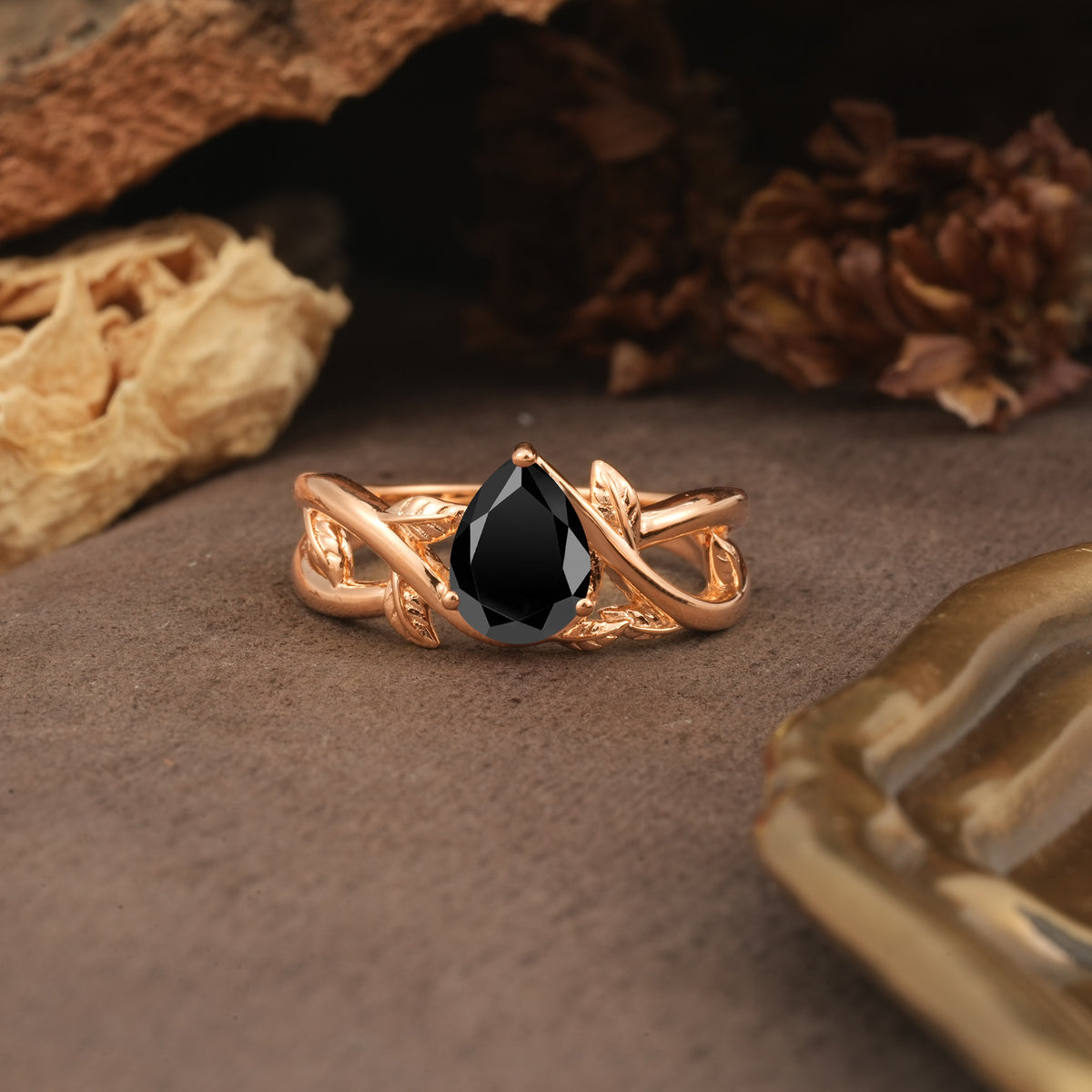 Nature-Inspired Classic Luxury: Entwined 3-Prong Pear Cut Black Onyx Engagement Ring - Additional view