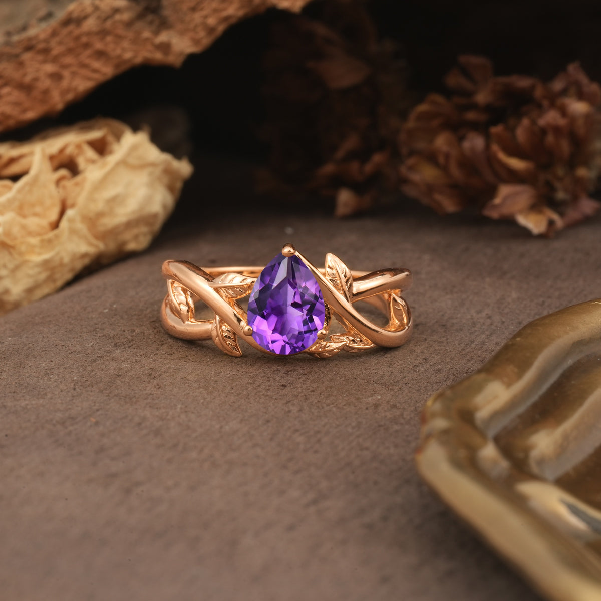 Nature-Inspired Classic Luxury: Entwined 3-Prong Pear Cut Amethyst Engagement Ring - Additional view