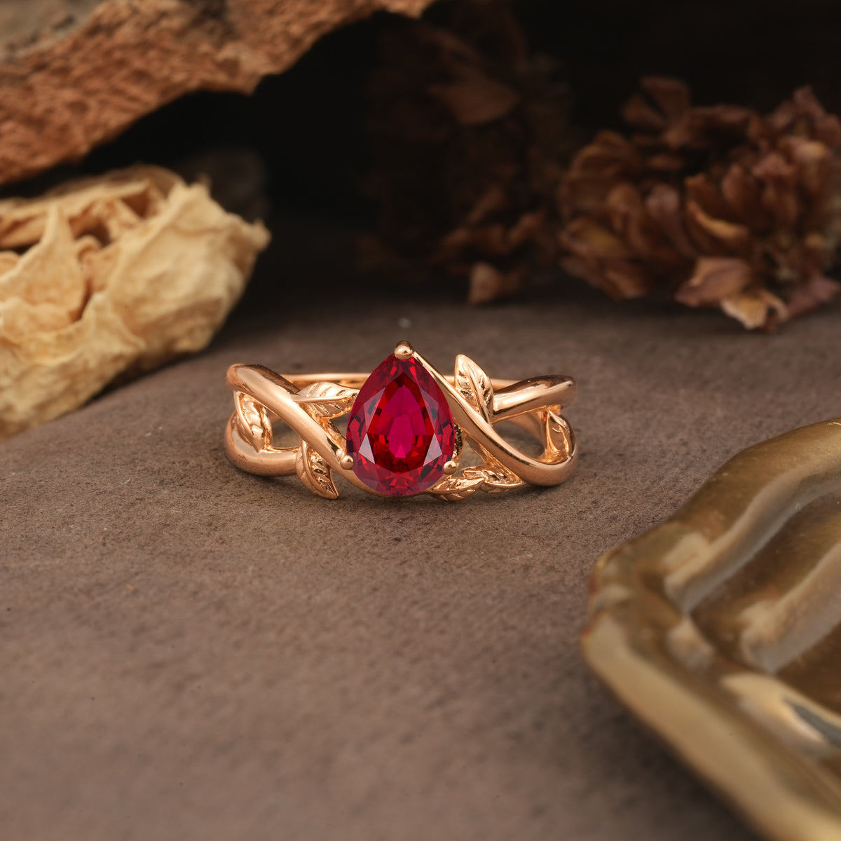 Nature-Inspired Classic Luxury: Entwined 3-Prong Pear Cut Ruby Engagement Ring - Additional view
