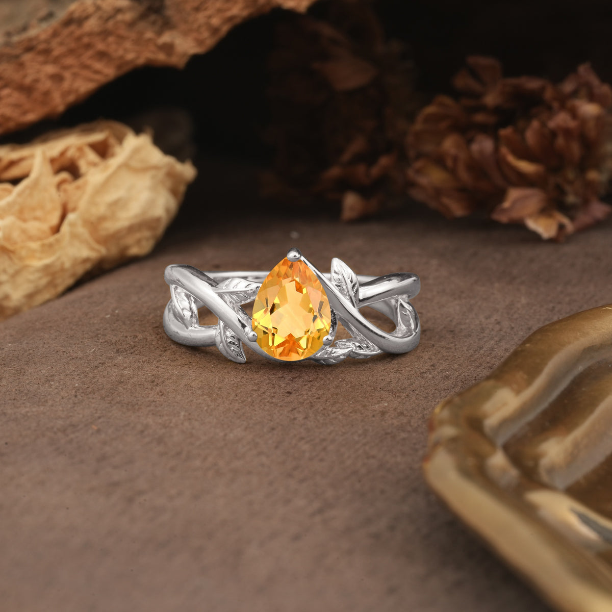 Nature-Inspired Classic Luxury: Entwined 3-Prong Pear Cut Citrine Engagement Ring - Additional view
