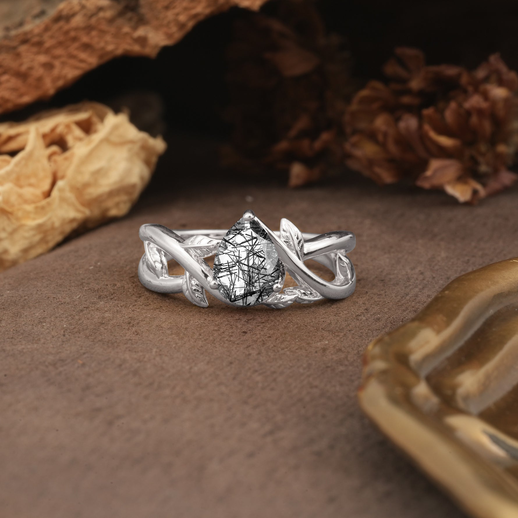 Nature-Inspired Classic Luxury: Entwined 3-Prong Pear Cut Black Rutilated Quartz Engagement Ring - Additional view