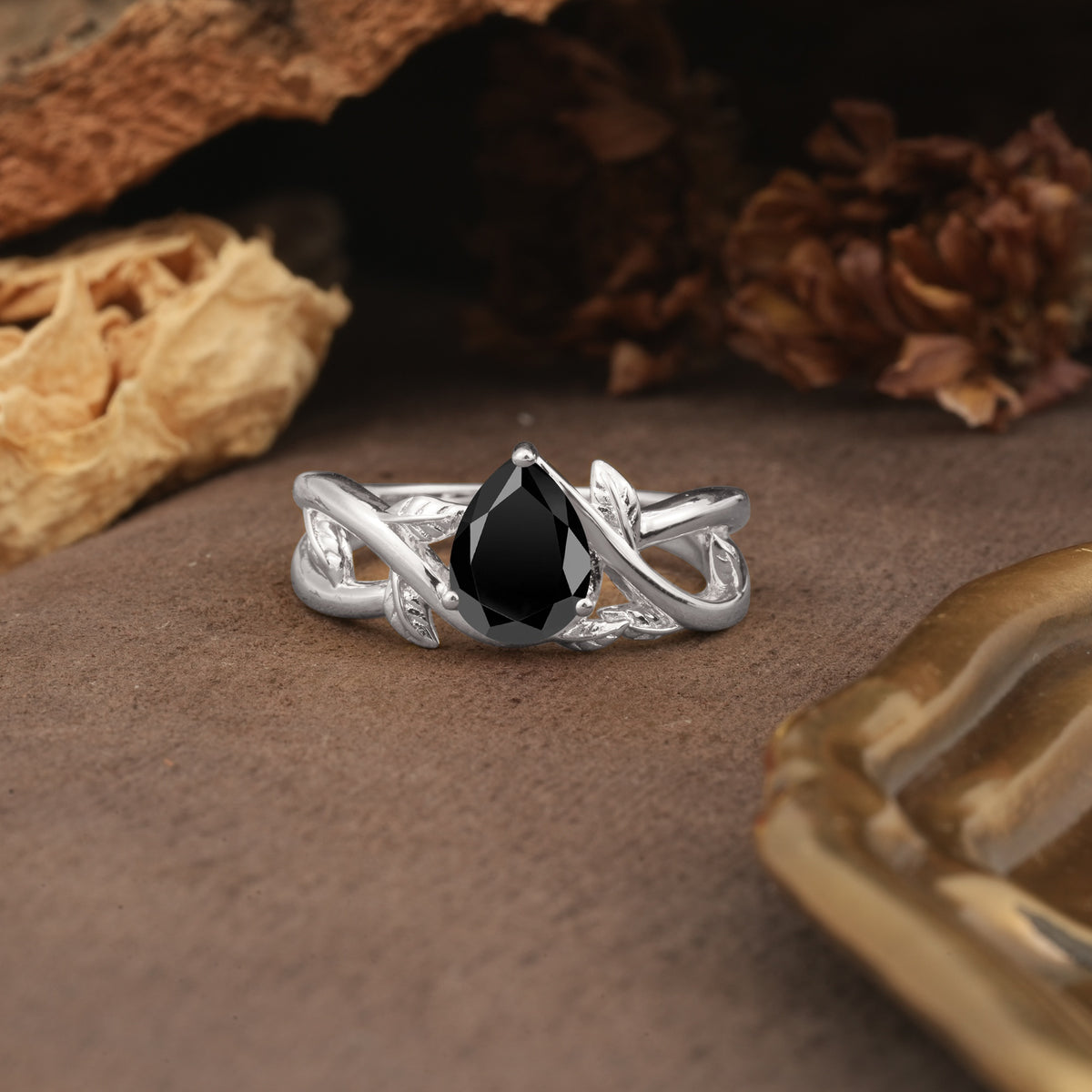Nature-Inspired Classic Luxury: Entwined 3-Prong Pear Cut Black Onyx Engagement Ring - Additional view