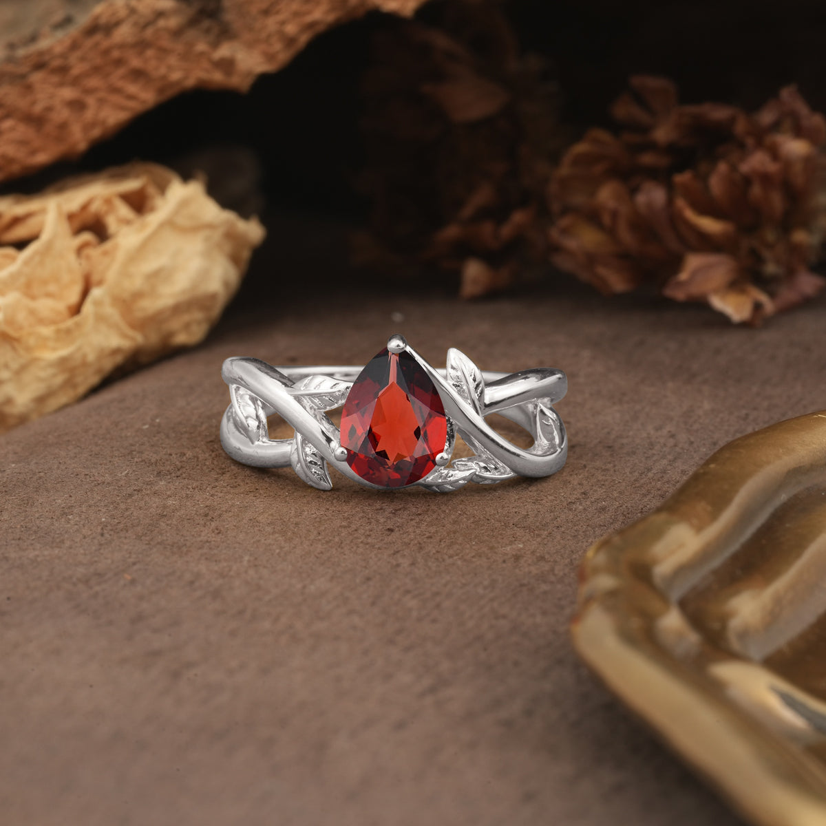 Nature-Inspired Classic Luxury: Entwined 3-Prong Pear Cut Garnet Engagement Ring - Additional view
