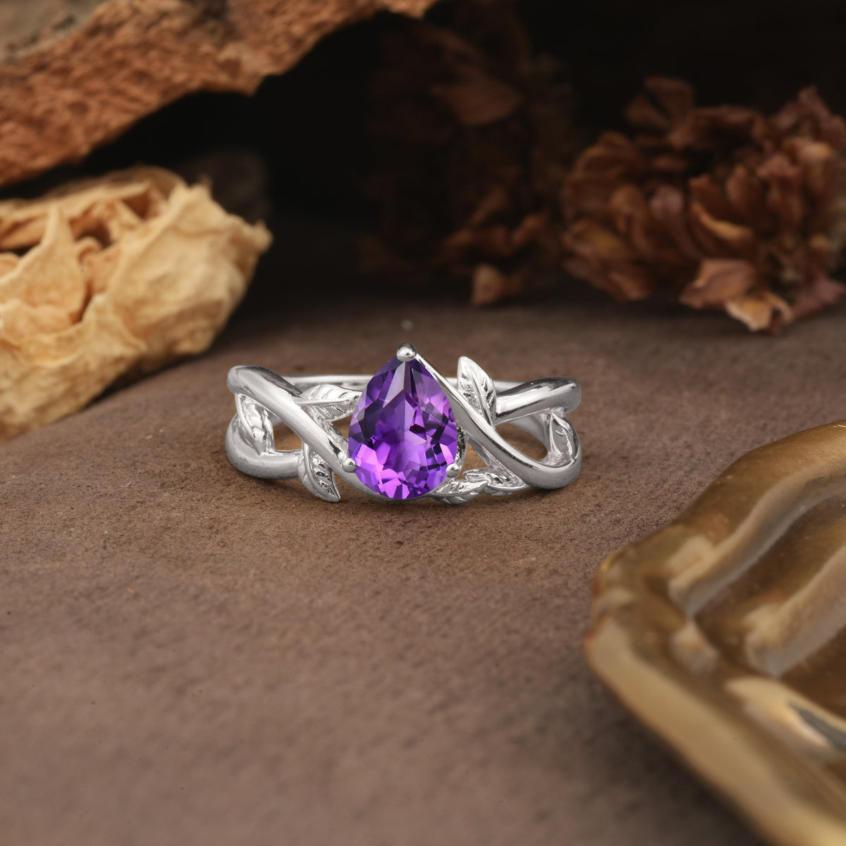 Nature-Inspired Classic Luxury: Entwined 3-Prong Pear Cut Amethyst Engagement Ring - Additional view