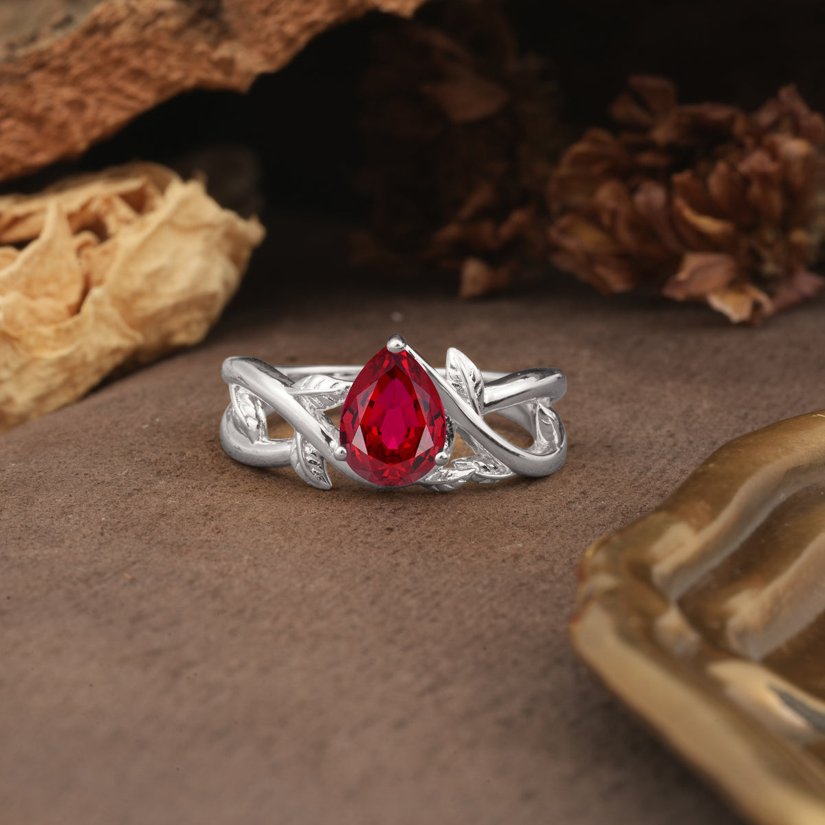Nature-Inspired Classic Luxury: Entwined 3-Prong Pear Cut Ruby Engagement Ring - Additional view