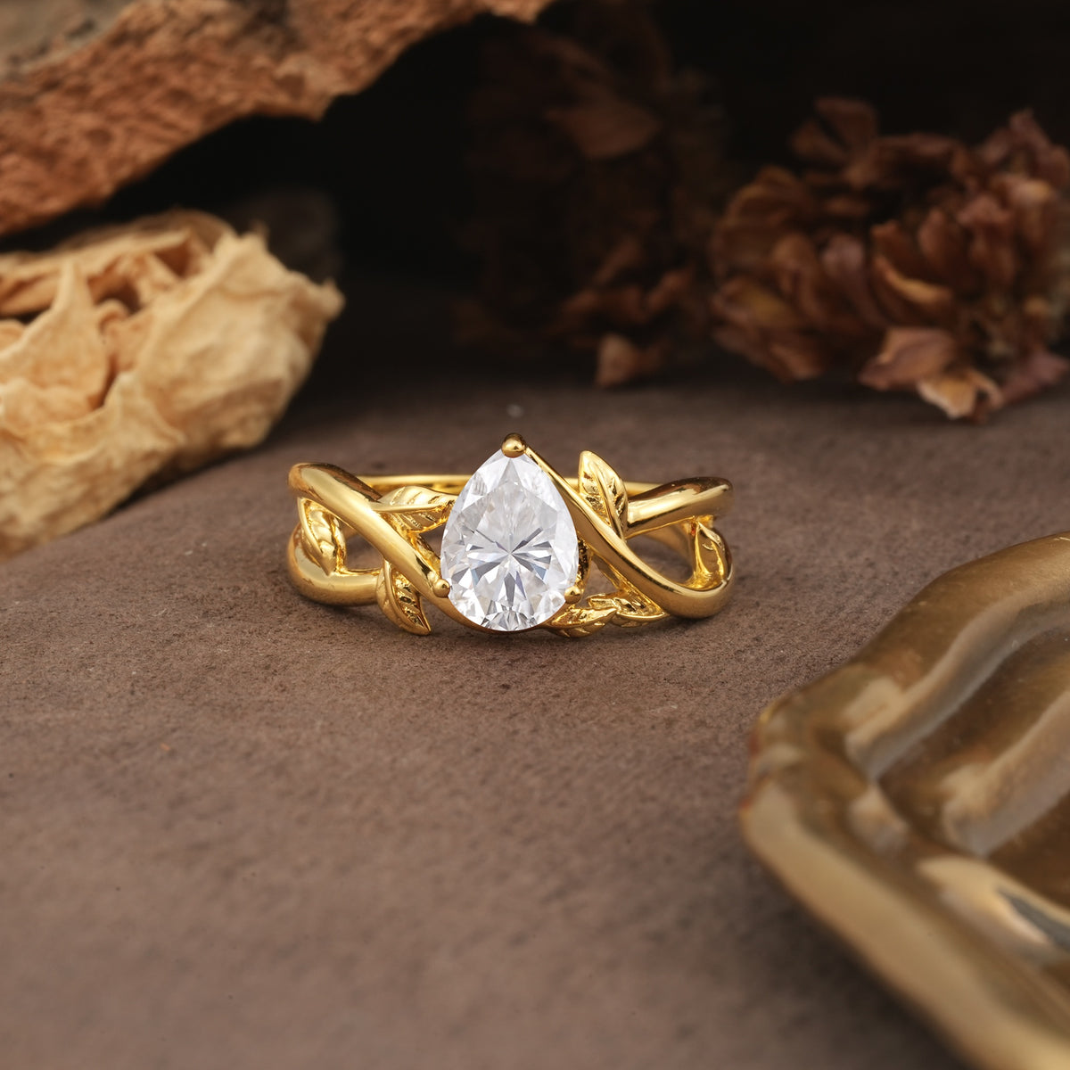 Nature-Inspired Classic Luxury: Entwined 3-Prong Pear Cut Moissanite Engagement Ring - Additional view