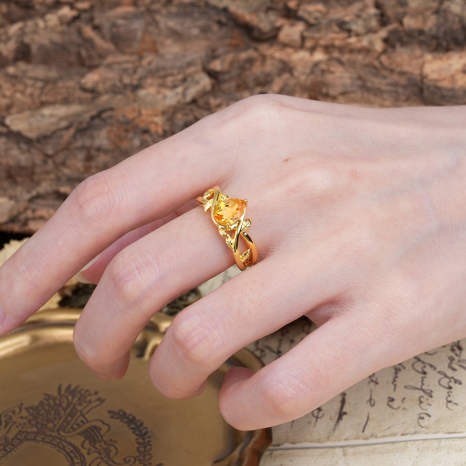 Nature-Inspired Classic Luxury: Entwined 3-Prong Pear Cut Citrine Engagement Ring