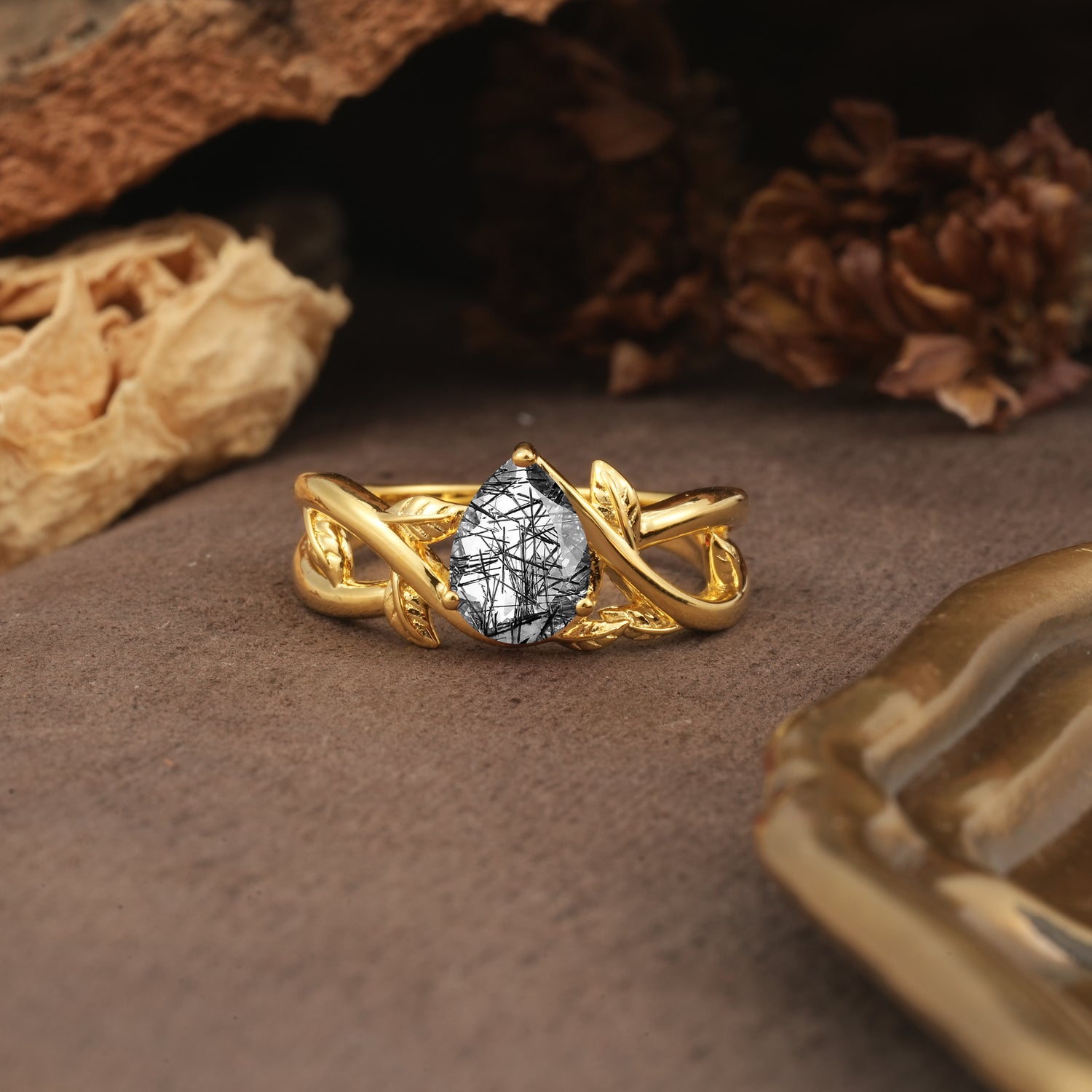 Nature-Inspired Classic Luxury: Entwined 3-Prong Pear Cut Black Rutilated Quartz Engagement Ring