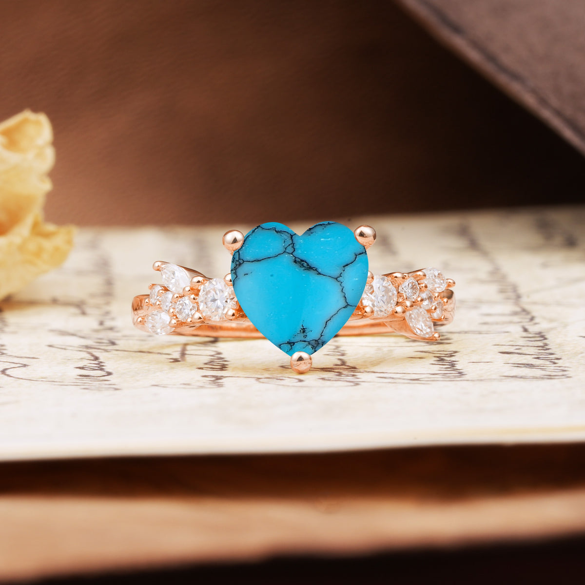 Unique and Dazzling 3-Prong Heart Cut Turquoise Engagement Ring - Additional view