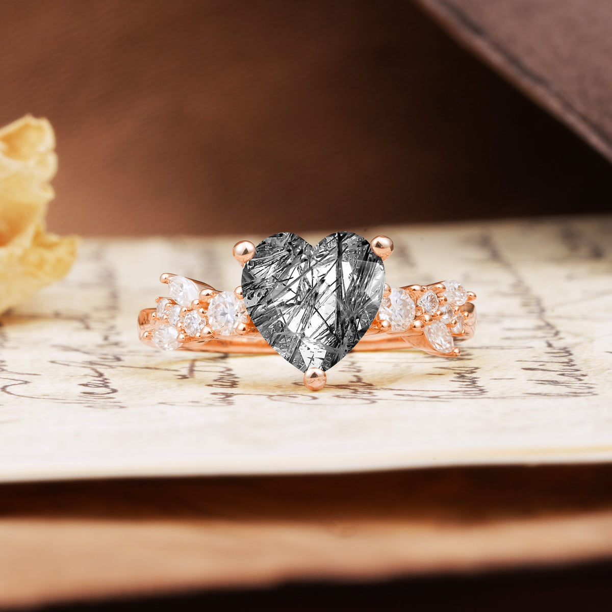 Unique and Dazzling 3-Prong Heart Cut Black Rutilated Quartz Engagement Ring - Additional view