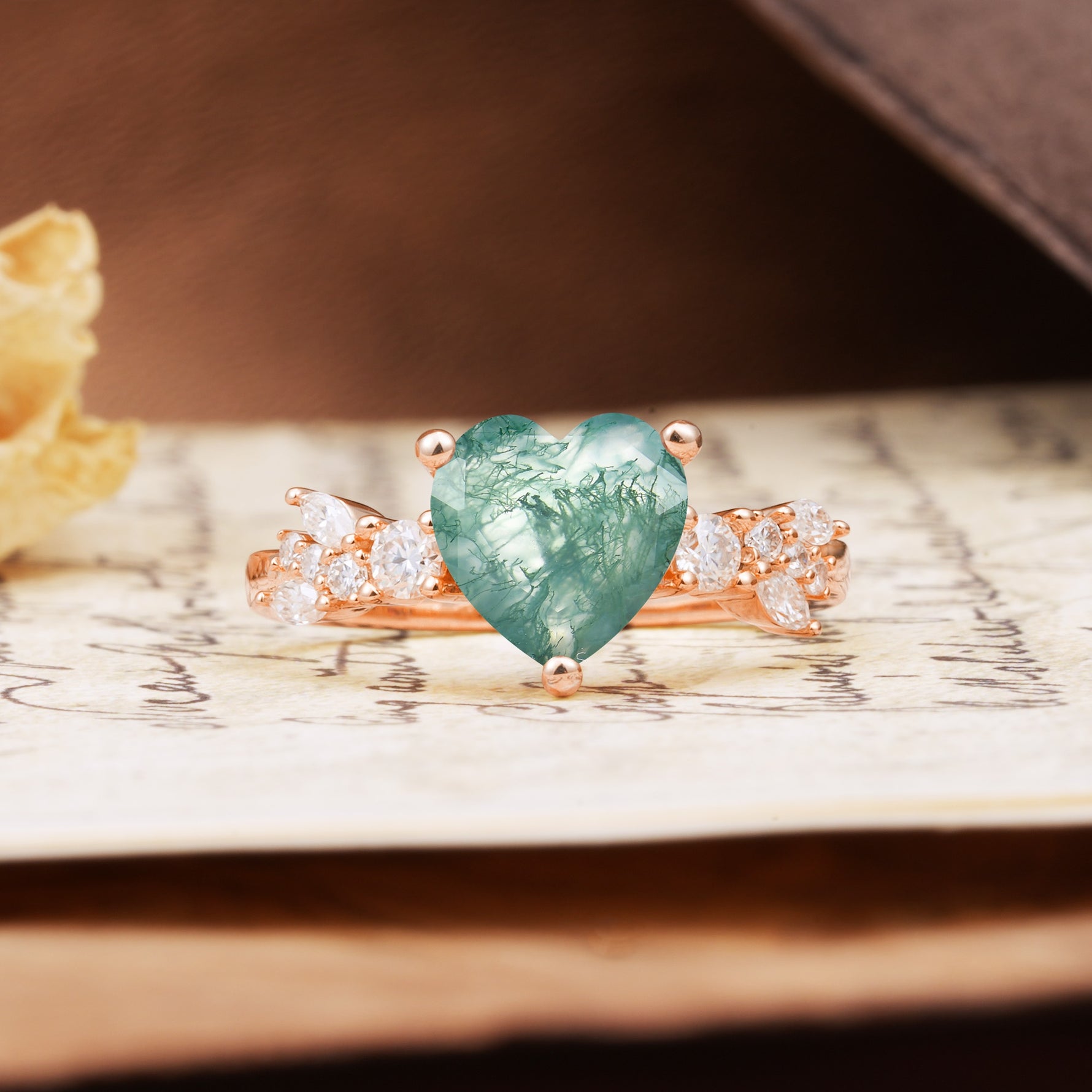 Classic Minimalist 3-Prong Heart Cut Moss Agate Engagement Ring - Additional view