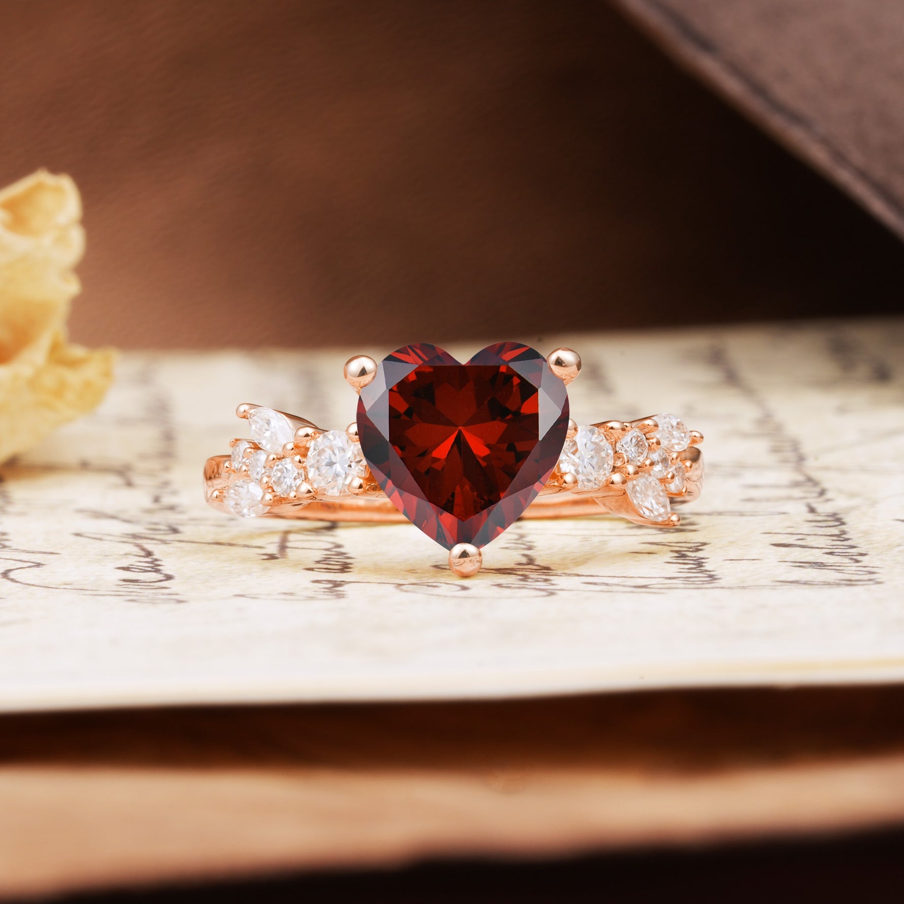 Unique and Dazzling 3-Prong Heart Cut Garnet Engagement Ring - Additional view