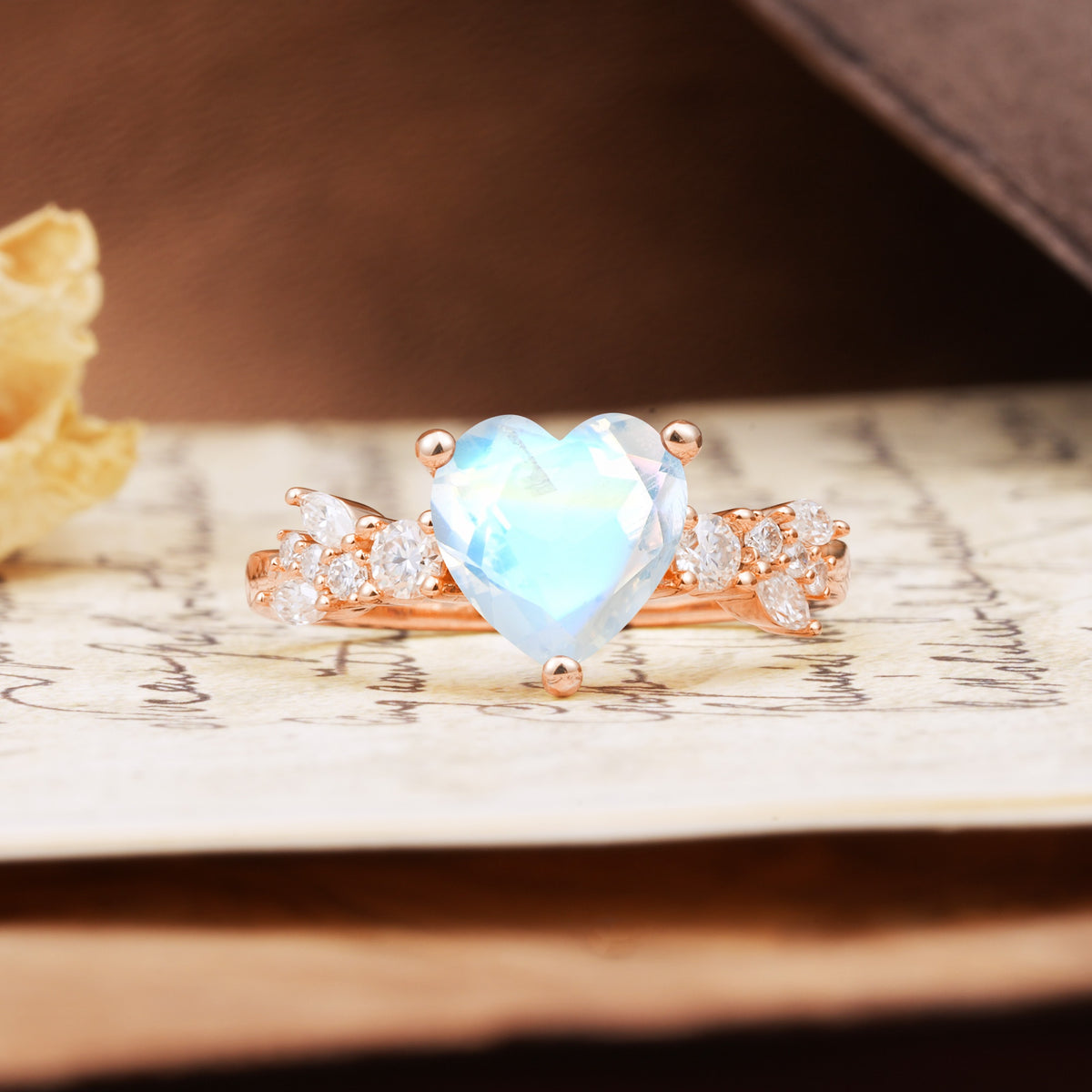Unique and Dazzling 3-Prong Heart Cut Moonstone Engagement Ring - Additional view