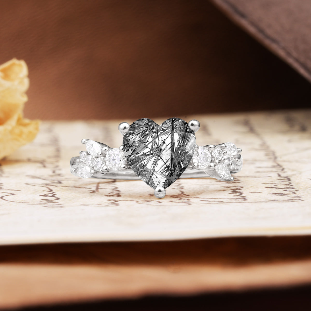 Unique and Dazzling 3-Prong Heart Cut Black Rutilated Quartz Engagement Ring - Additional view