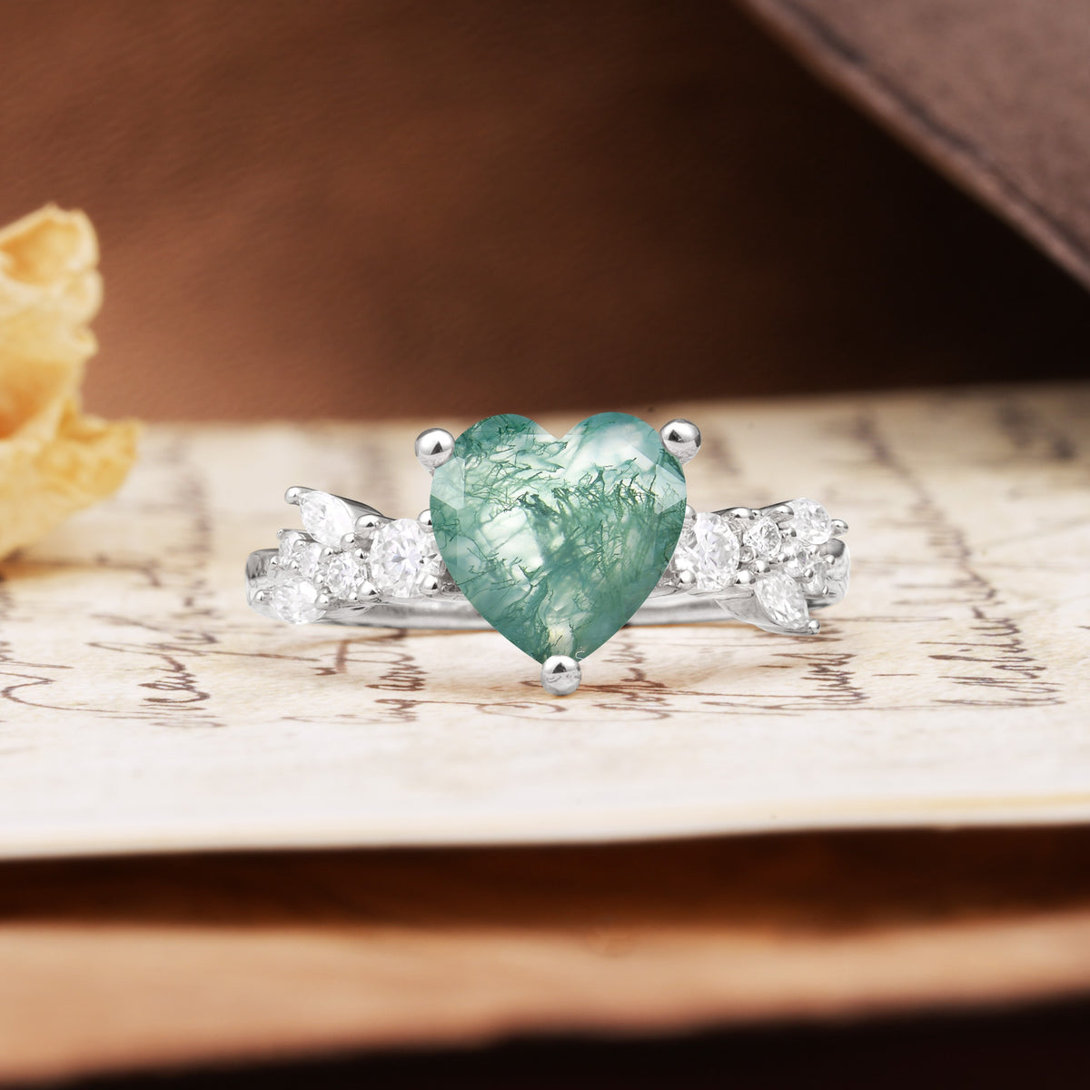 Classic Minimalist 3-Prong Heart Cut Moss Agate Engagement Ring - Additional view