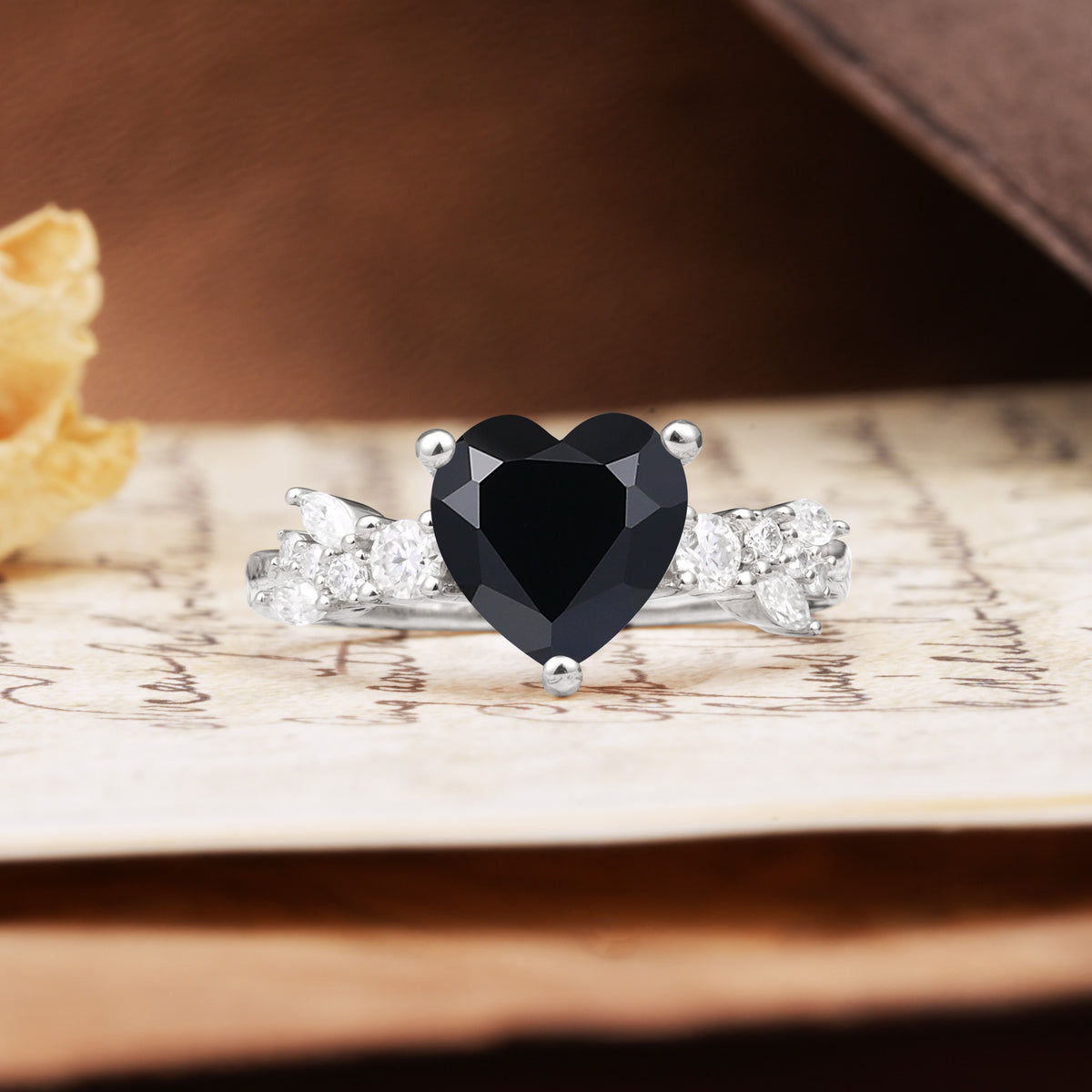 Unique and Dazzling 3-Prong Heart Cut Black Onyx Engagement Ring - Additional view
