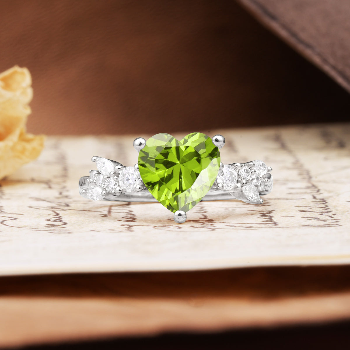 Unique and Dazzling 3-Prong Heart Cut Peridot Engagement Ring - Additional view