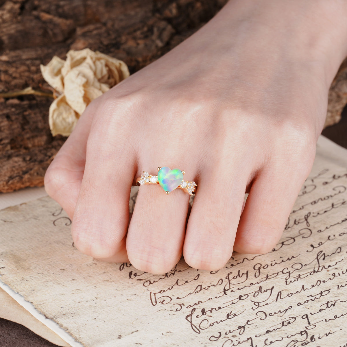 Unique and Dazzling 3-Prong Heart Cut Fire Opal Engagement Ring - Additional view
