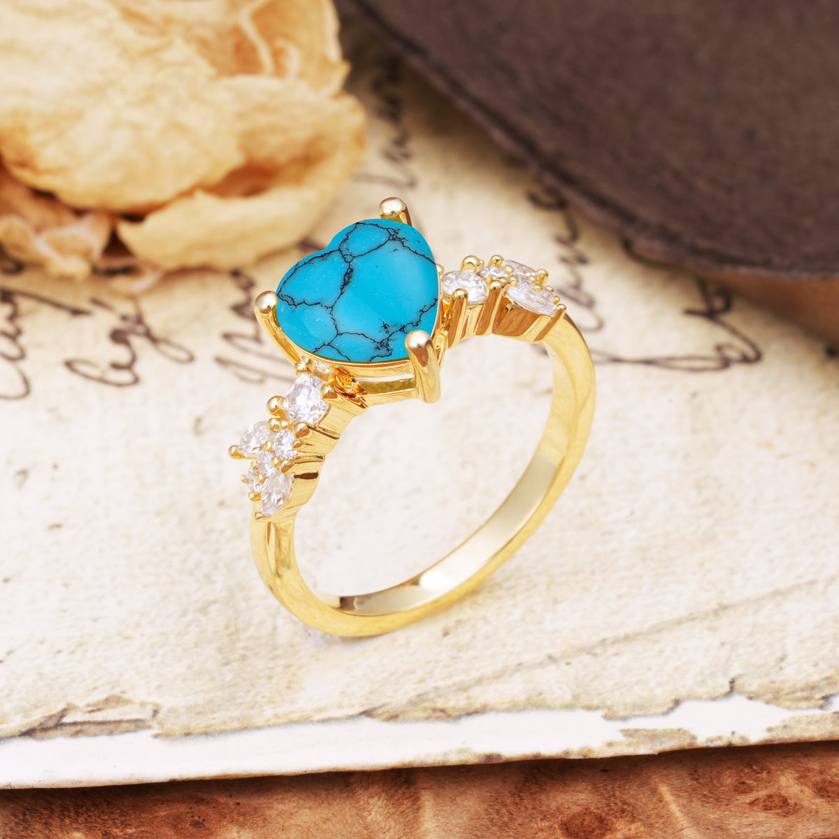 Unique and Dazzling 3-Prong Heart Cut Turquoise Engagement Ring - Additional view