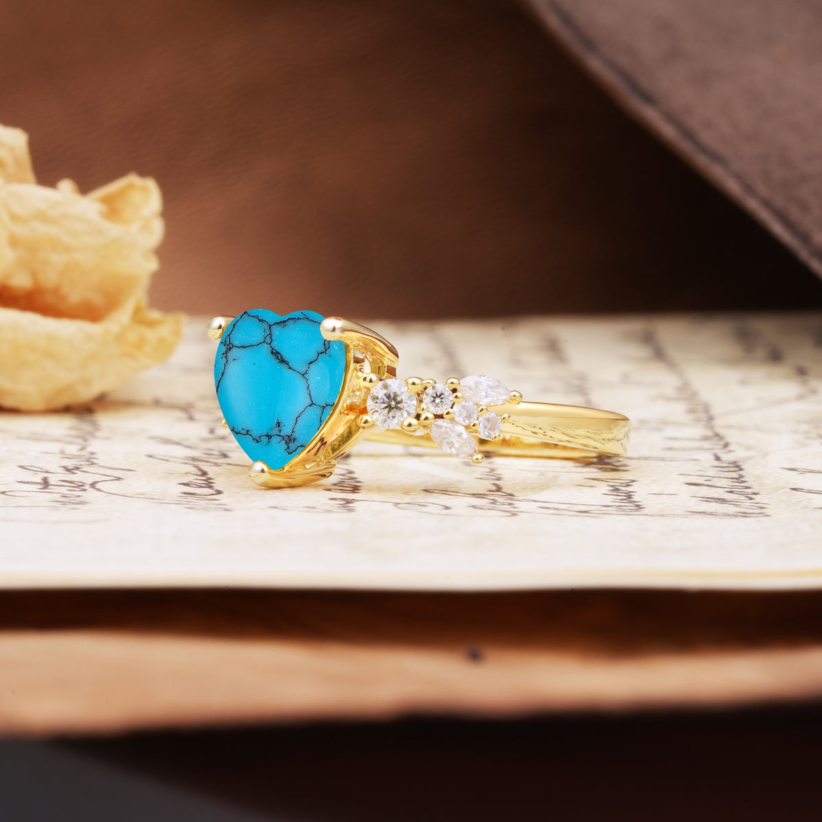 Unique and Dazzling 3-Prong Heart Cut Turquoise Engagement Ring - Additional view