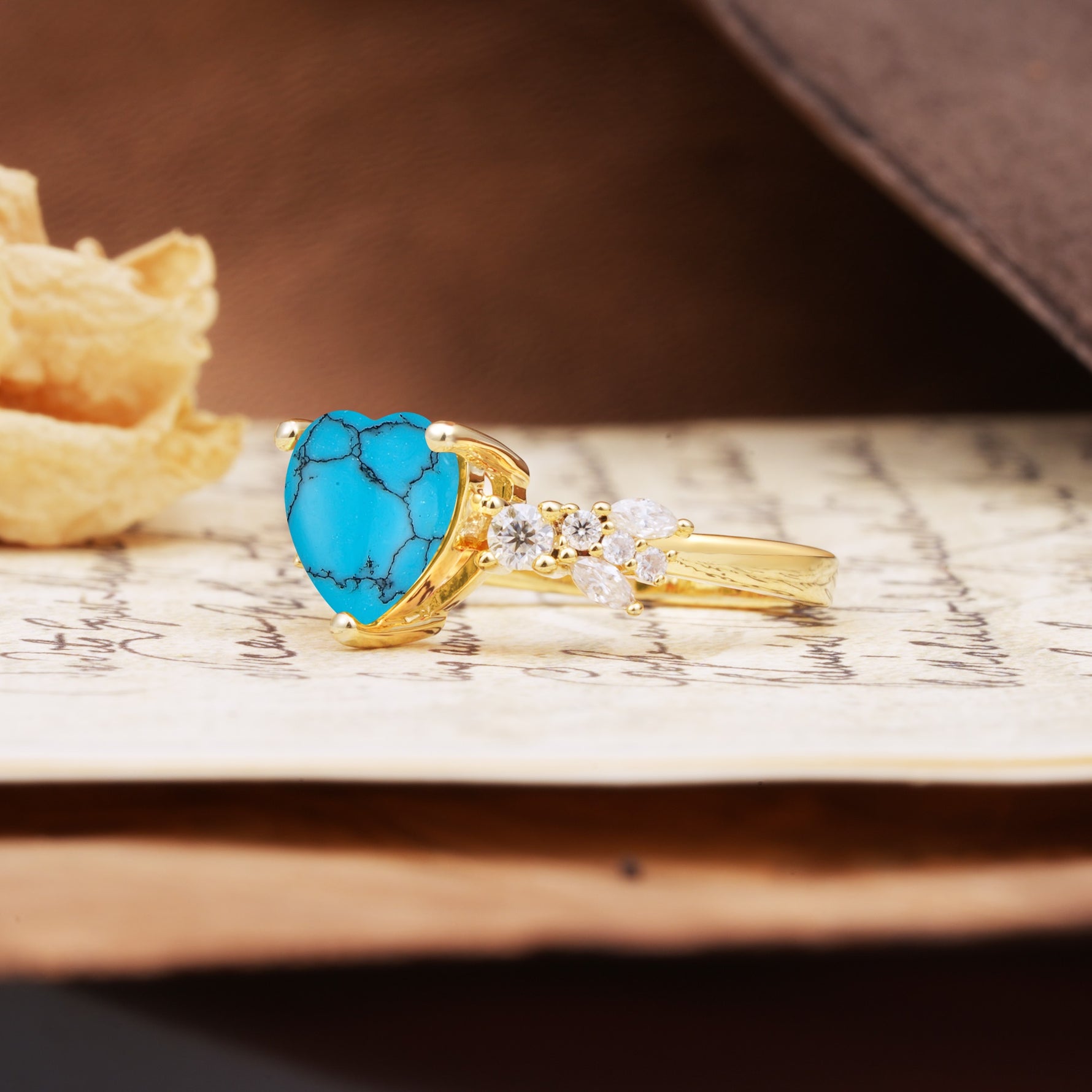 Unique and Dazzling 3-Prong Heart Cut Turquoise Engagement Ring - Additional view