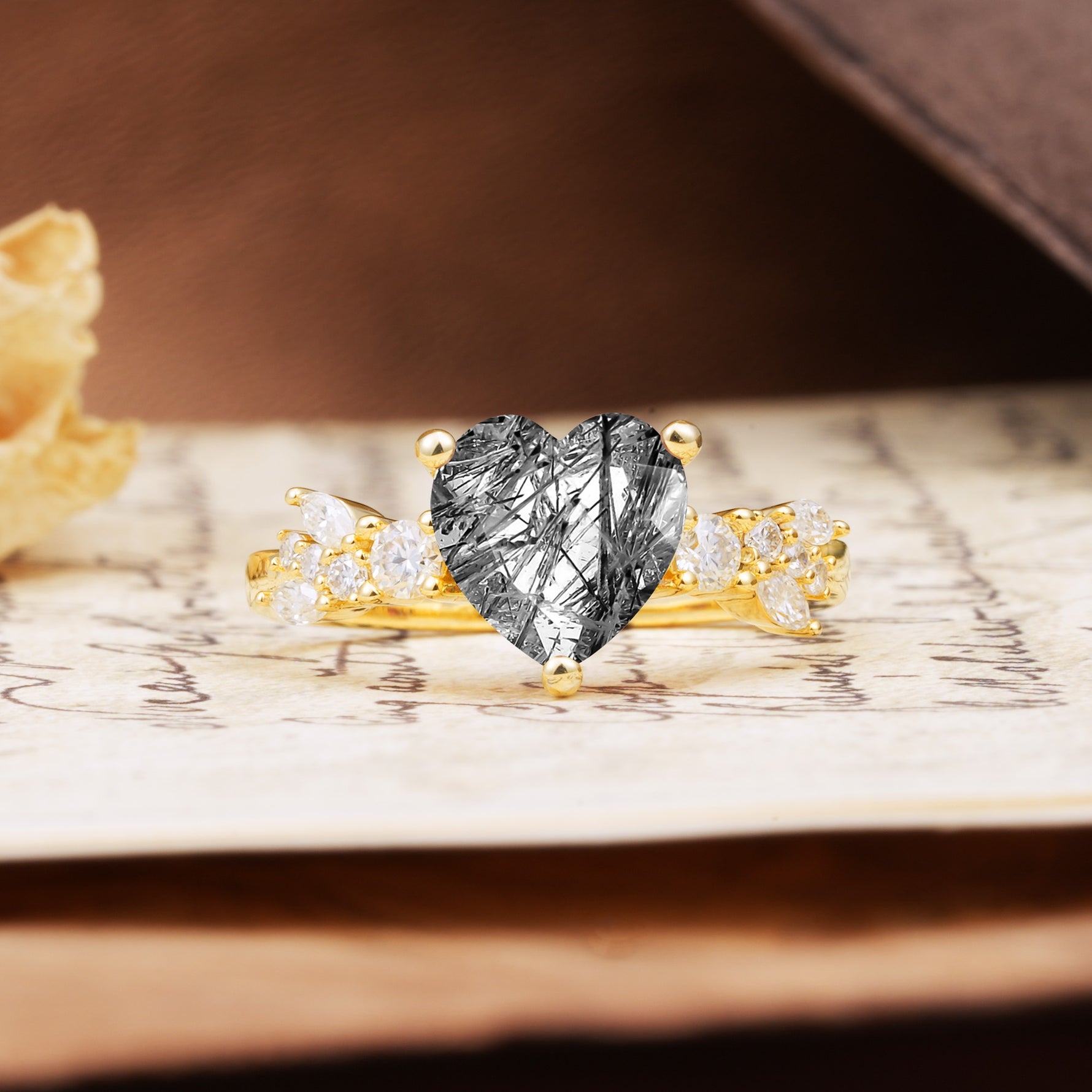 Unique and Dazzling 3-Prong Heart Cut Black Rutilated Quartz Engagement Ring - Additional view