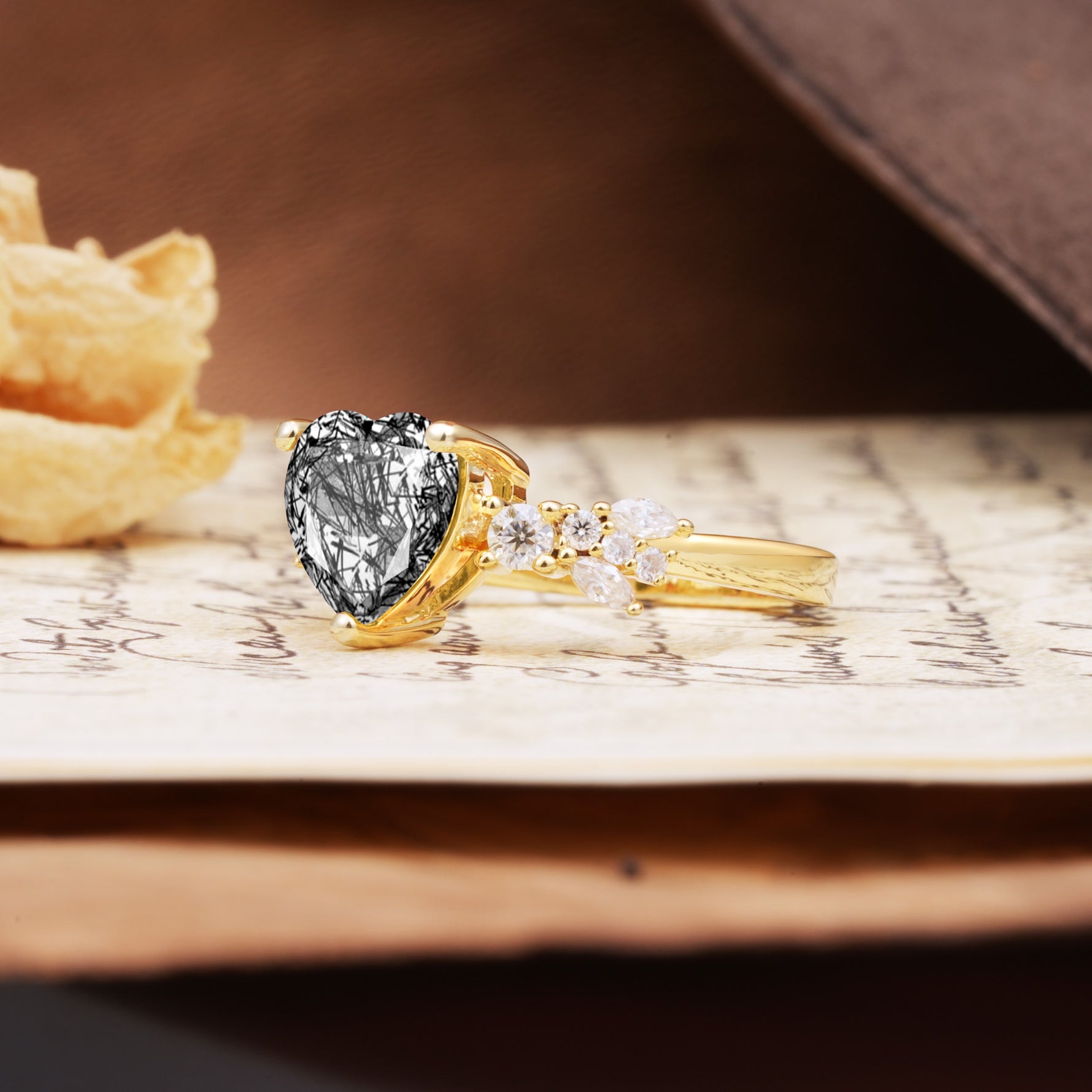 Unique and Dazzling 3-Prong Heart Cut Black Rutilated Quartz Engagement Ring - Additional view