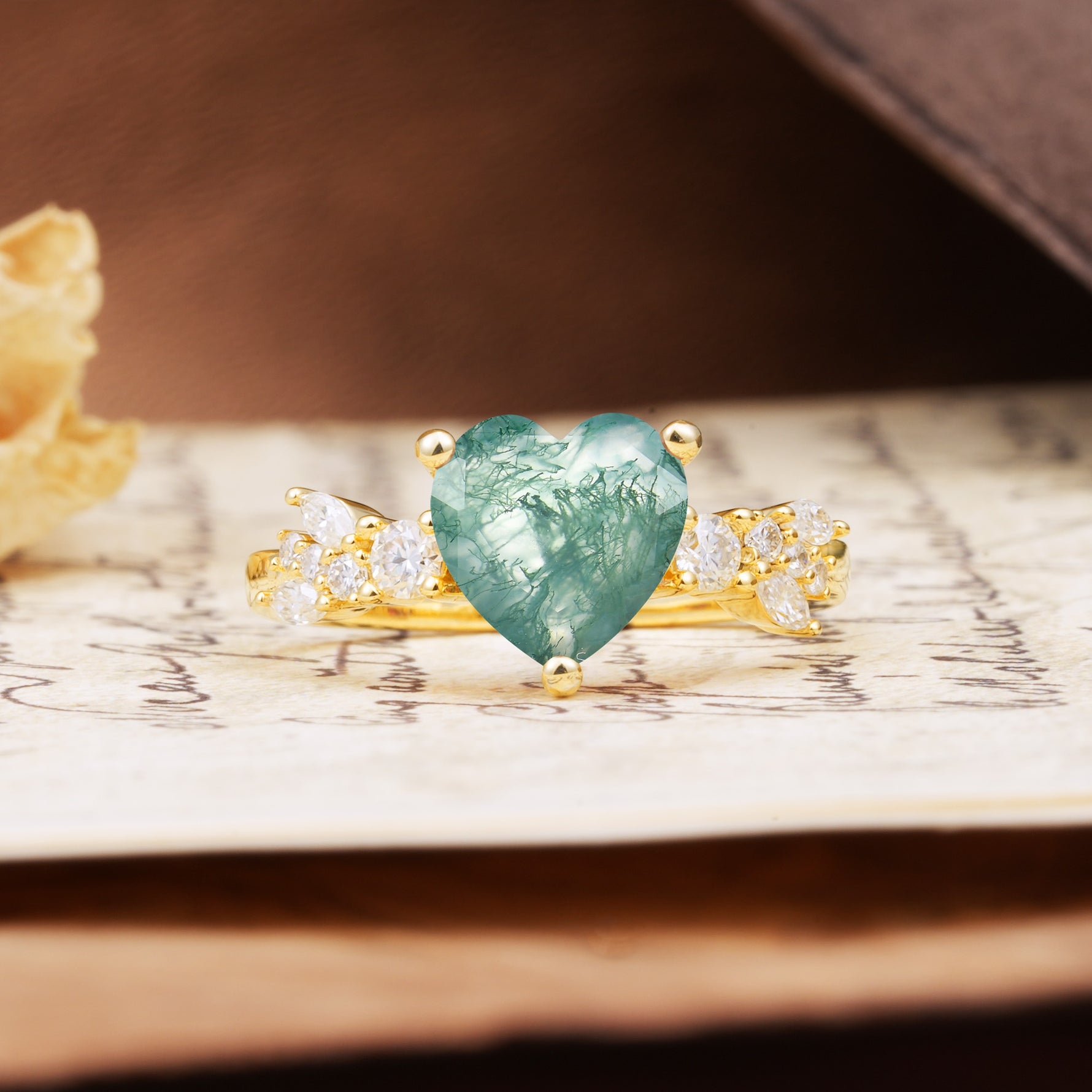 Classic Minimalist 3-Prong Heart Cut Moss Agate Engagement Ring - Additional view