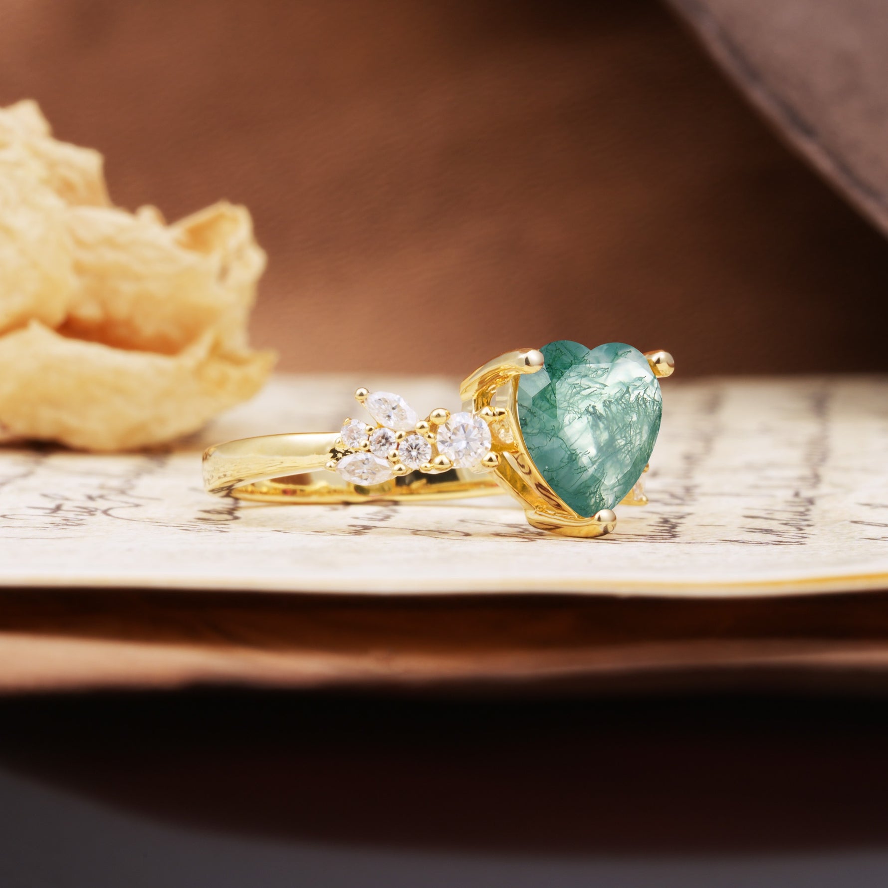Classic Minimalist 3-Prong Heart Cut Moss Agate Engagement Ring - Additional view