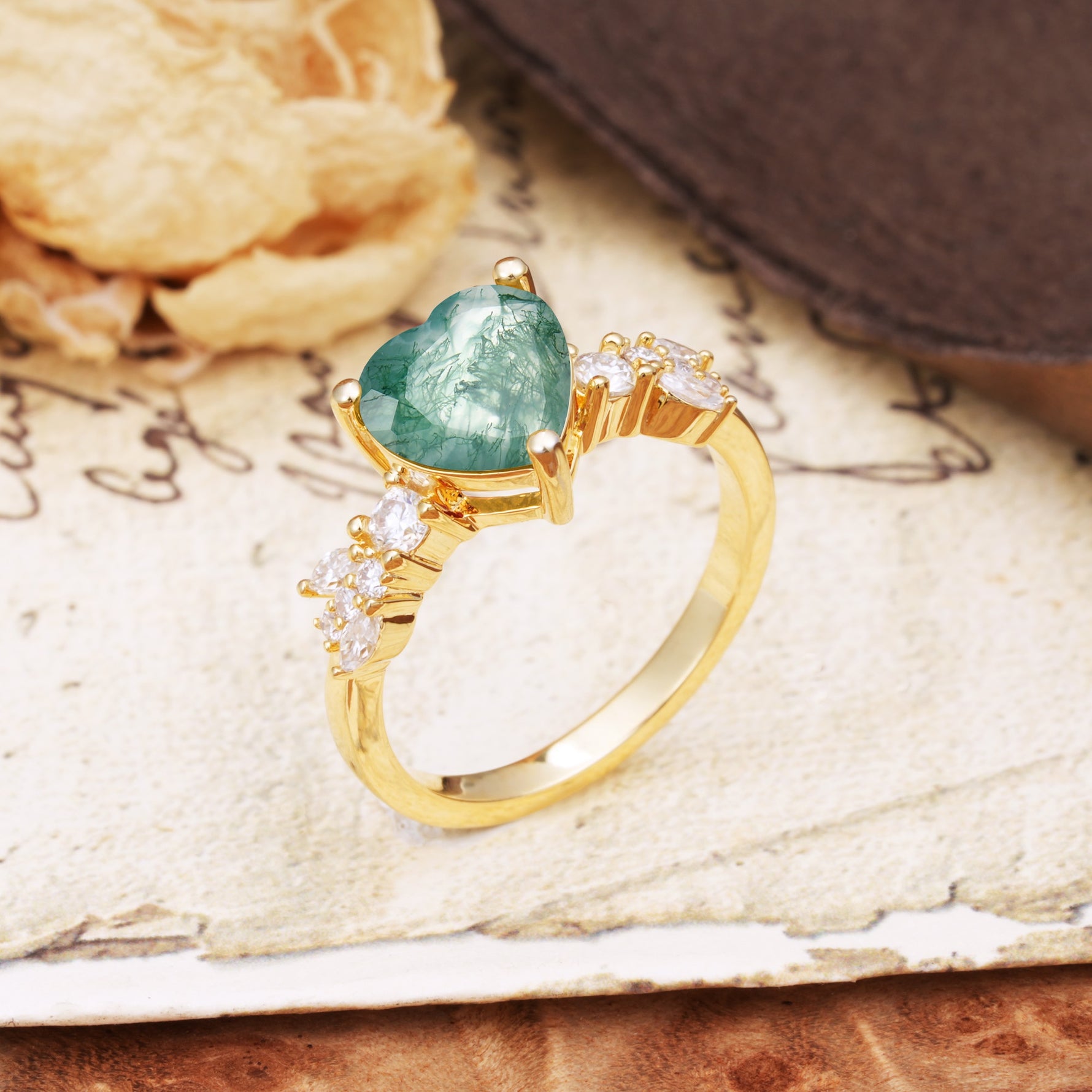 Classic Minimalist 3-Prong Heart Cut Moss Agate Engagement Ring - Additional view