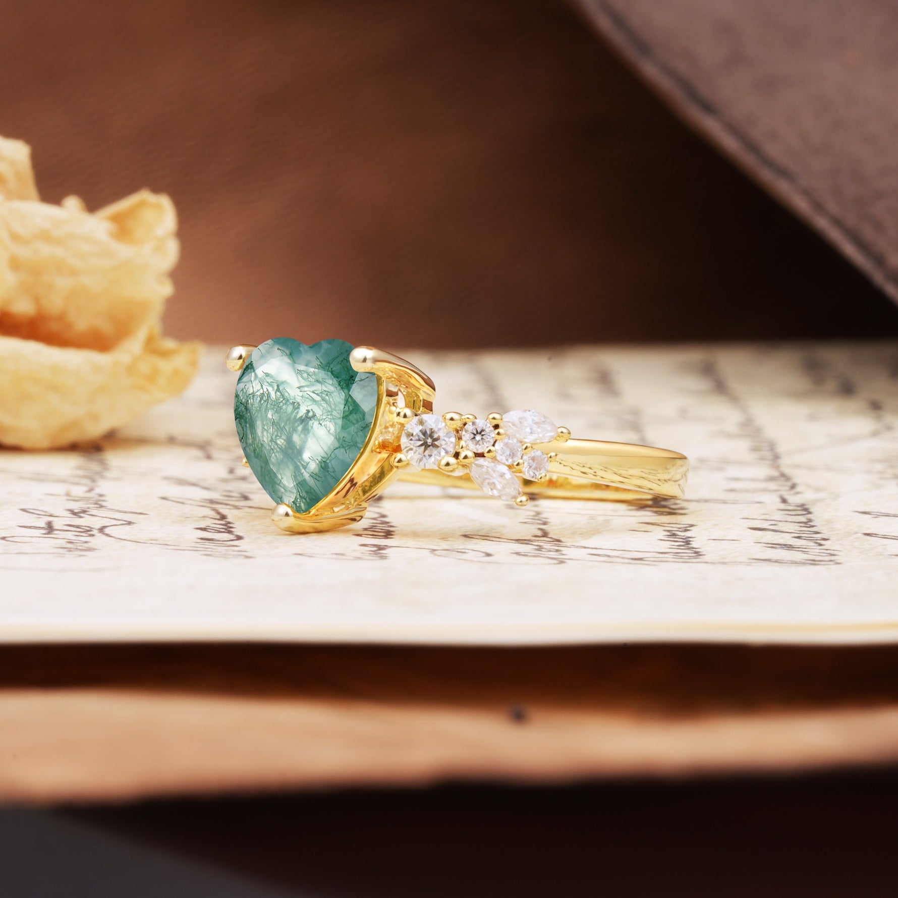 Classic Minimalist 3-Prong Heart Cut Moss Agate Engagement Ring - Additional view