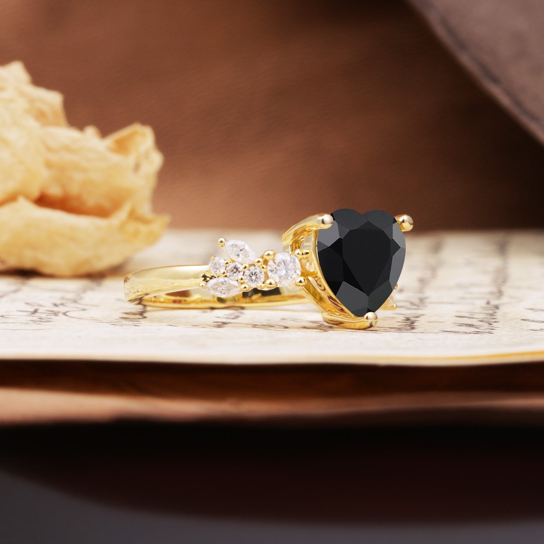 Unique and Dazzling 3-Prong Heart Cut Black Onyx Engagement Ring - Additional view