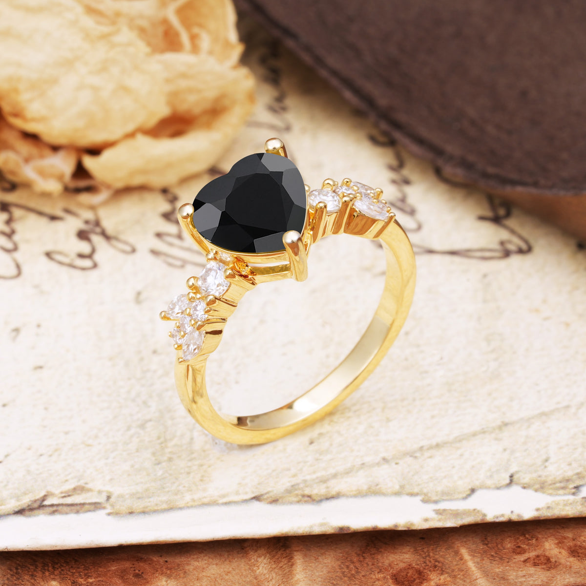 Unique and Dazzling 3-Prong Heart Cut Black Onyx Engagement Ring - Additional view