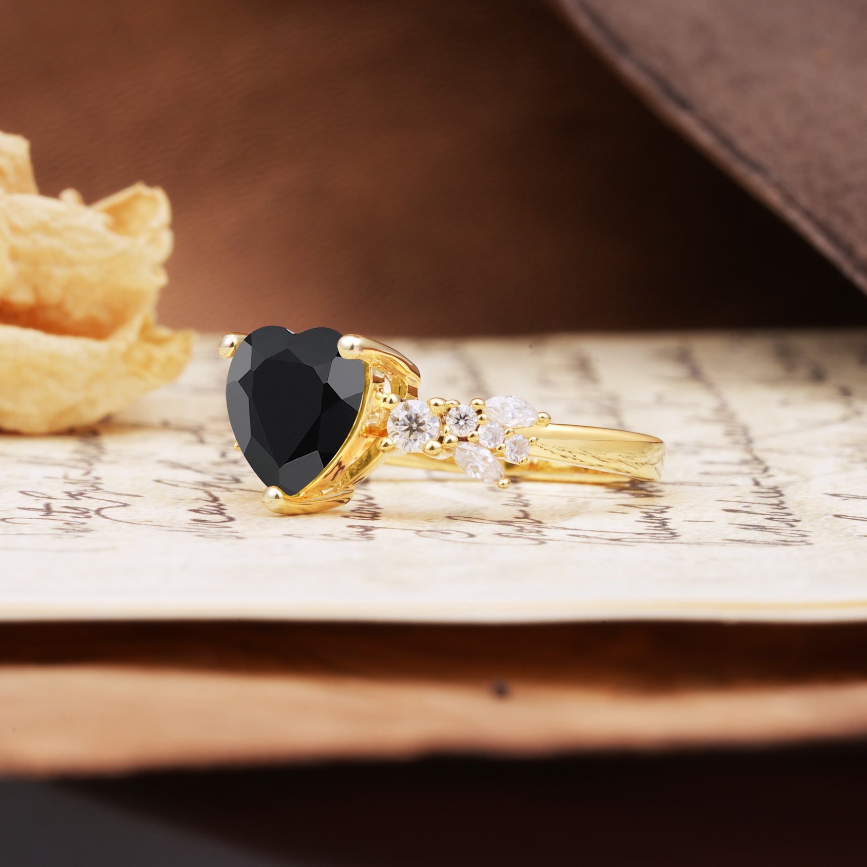 Unique and Dazzling 3-Prong Heart Cut Black Onyx Engagement Ring - Additional view