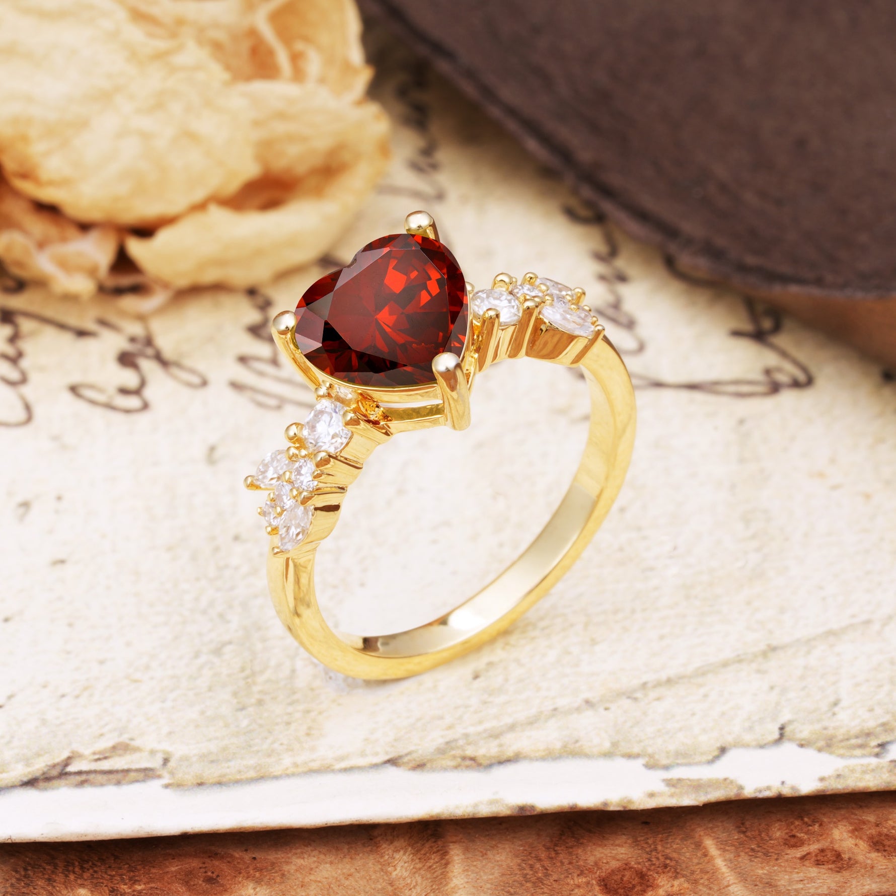 Unique and Dazzling 3-Prong Heart Cut Garnet Engagement Ring - Additional view