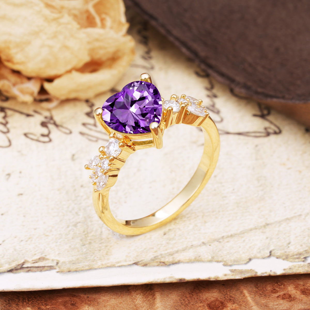 Unique and Dazzling 3-Prong Heart Cut Amethyst Engagement Ring - Additional view