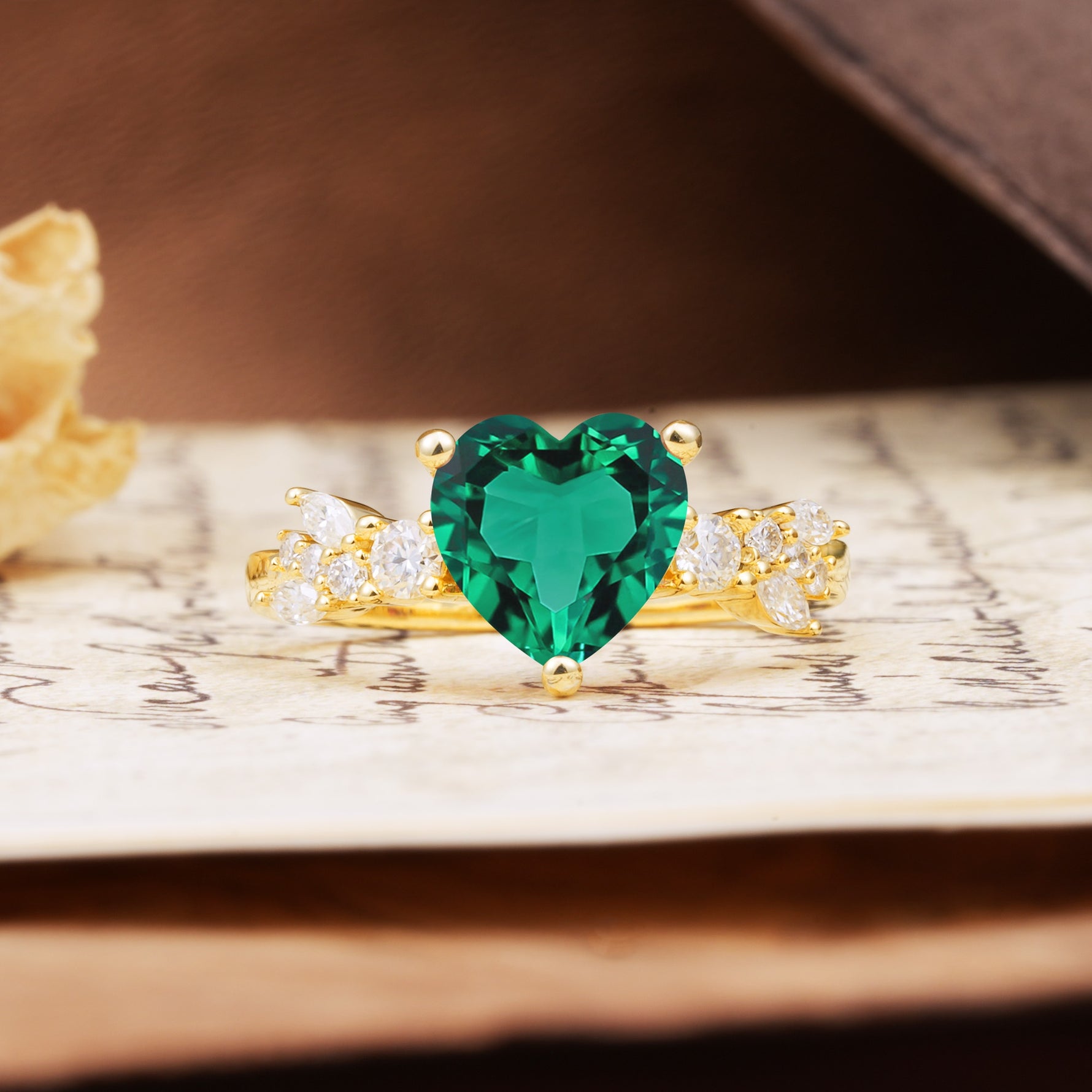Unique and Dazzling 3-Prong Heart Cut Emerald Engagement Ring - Additional view