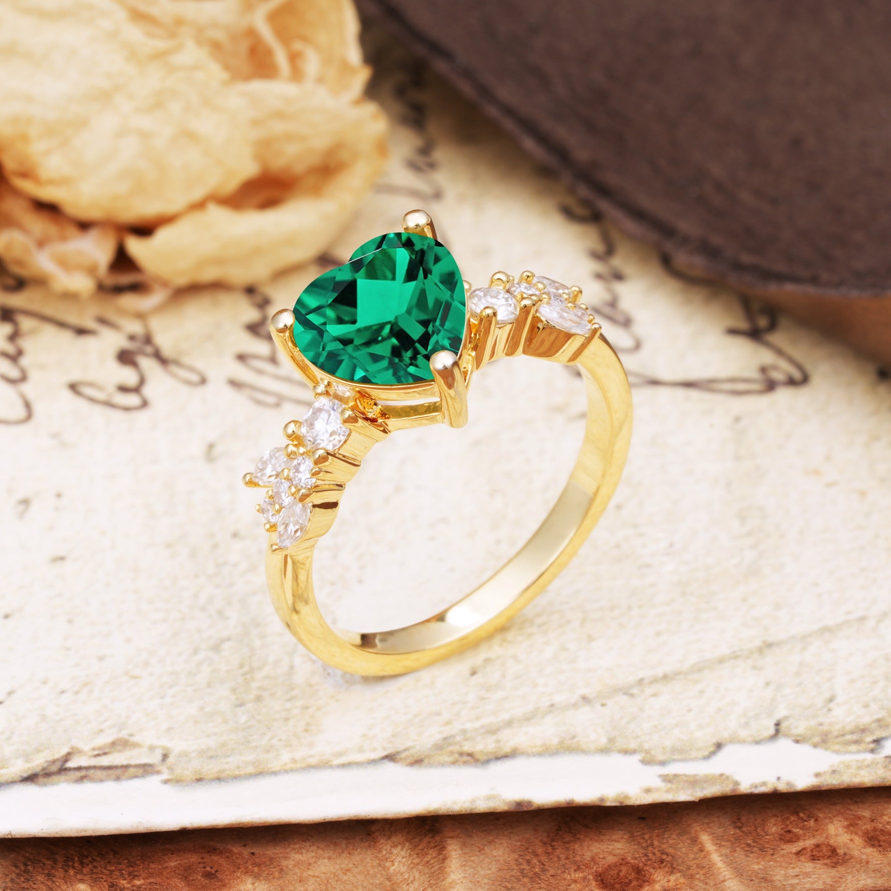 Unique and Dazzling 3-Prong Heart Cut Emerald Engagement Ring - Additional view
