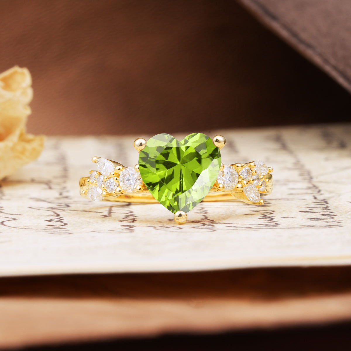 Unique and Dazzling 3-Prong Heart Cut Peridot Engagement Ring - Additional view