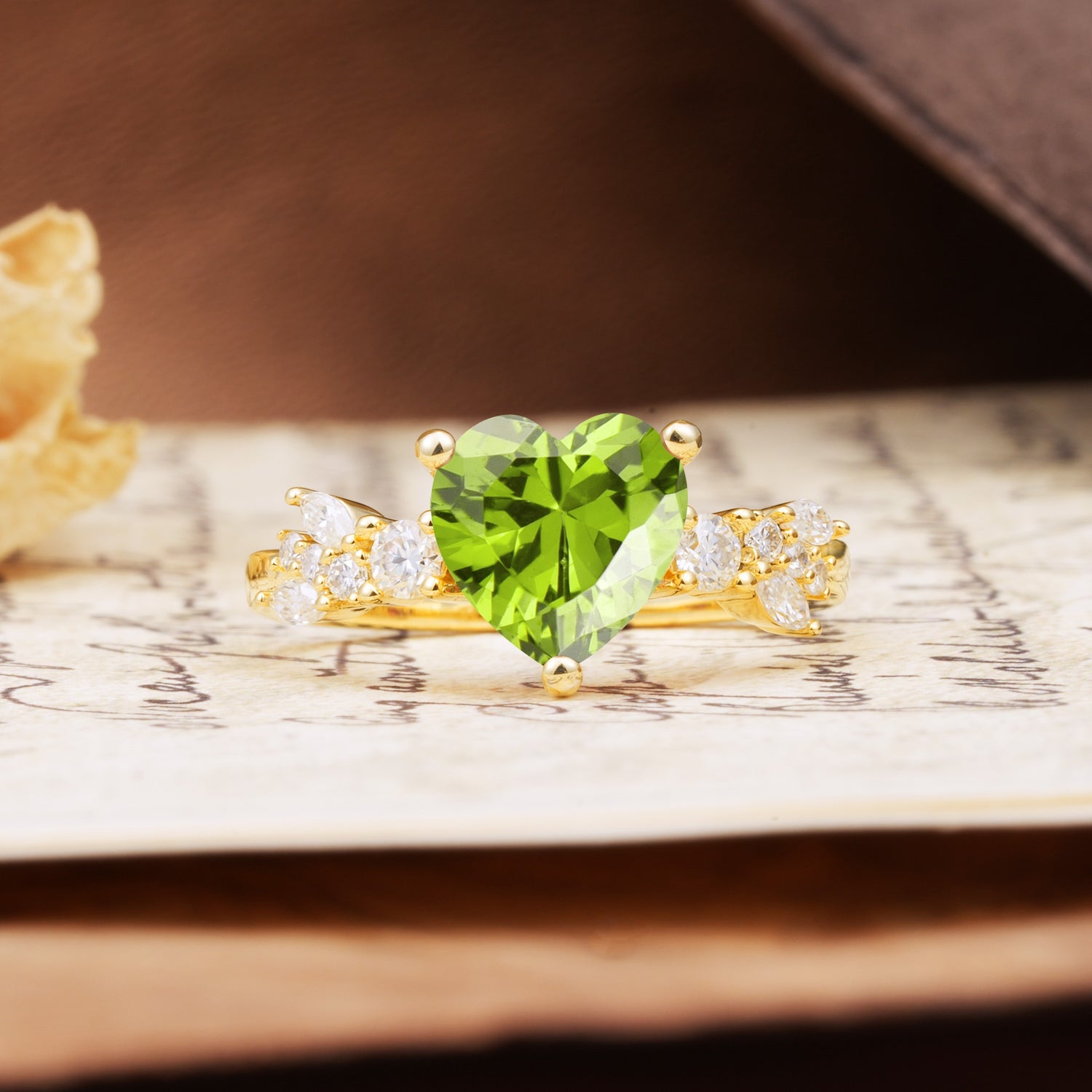 Unique and Dazzling 3-Prong Heart Cut Peridot Engagement Ring - Additional view
