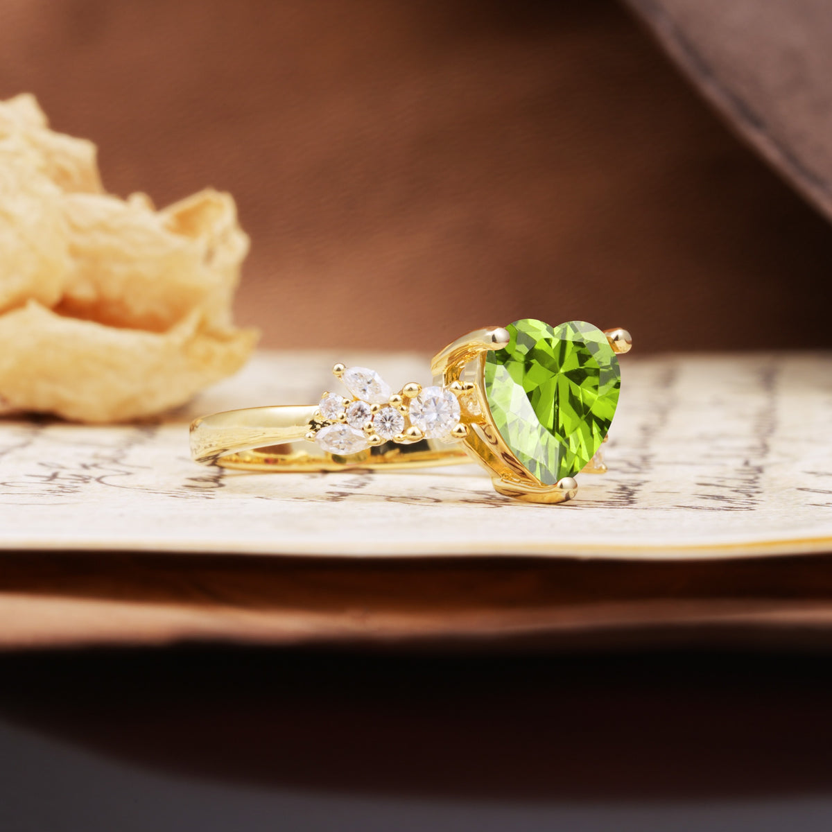 Unique and Dazzling 3-Prong Heart Cut Peridot Engagement Ring - Additional view