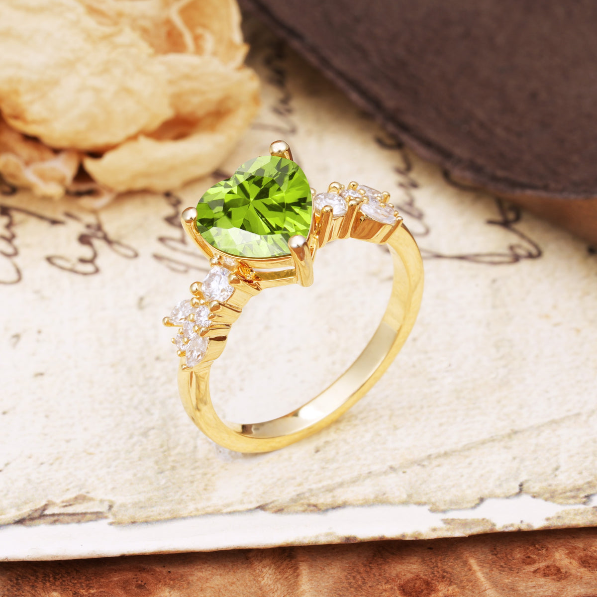 Unique and Dazzling 3-Prong Heart Cut Peridot Engagement Ring - Additional view