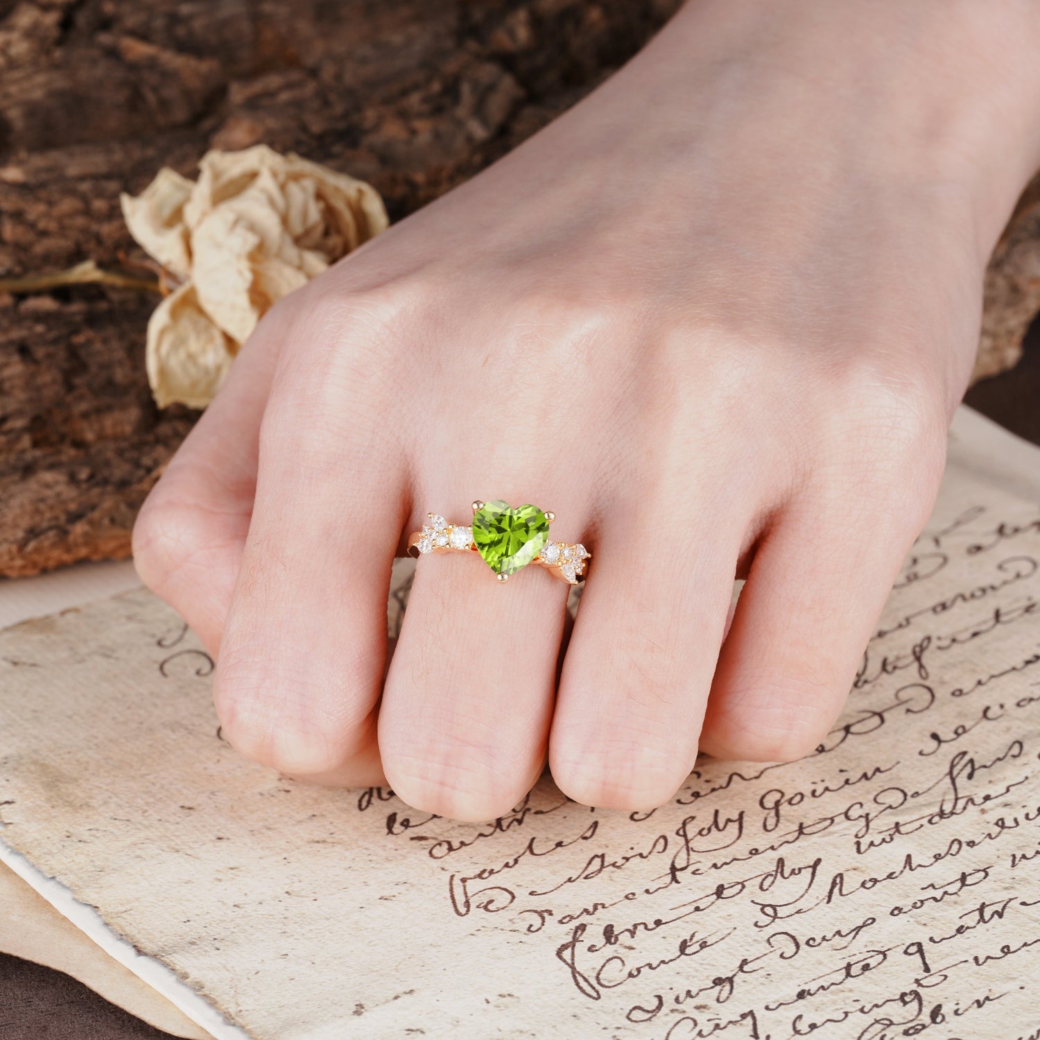 Unique and Dazzling 3-Prong Heart Cut Peridot Engagement Ring - Additional view