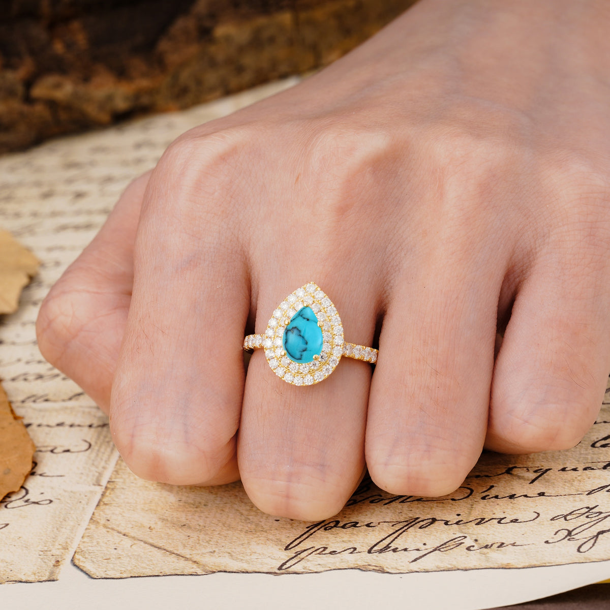 Retro-Luxe 5-Prong Pear Cut Turquoise Engagement Ring - Additional view