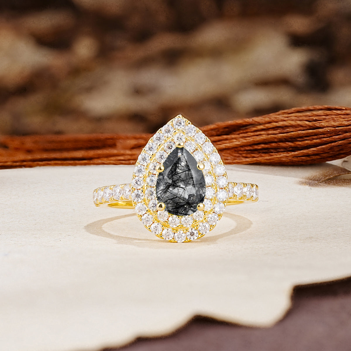 Retro-Luxe 5-Prong Pear Cut Black Rutilated Quartz Engagement Ring - Additional view