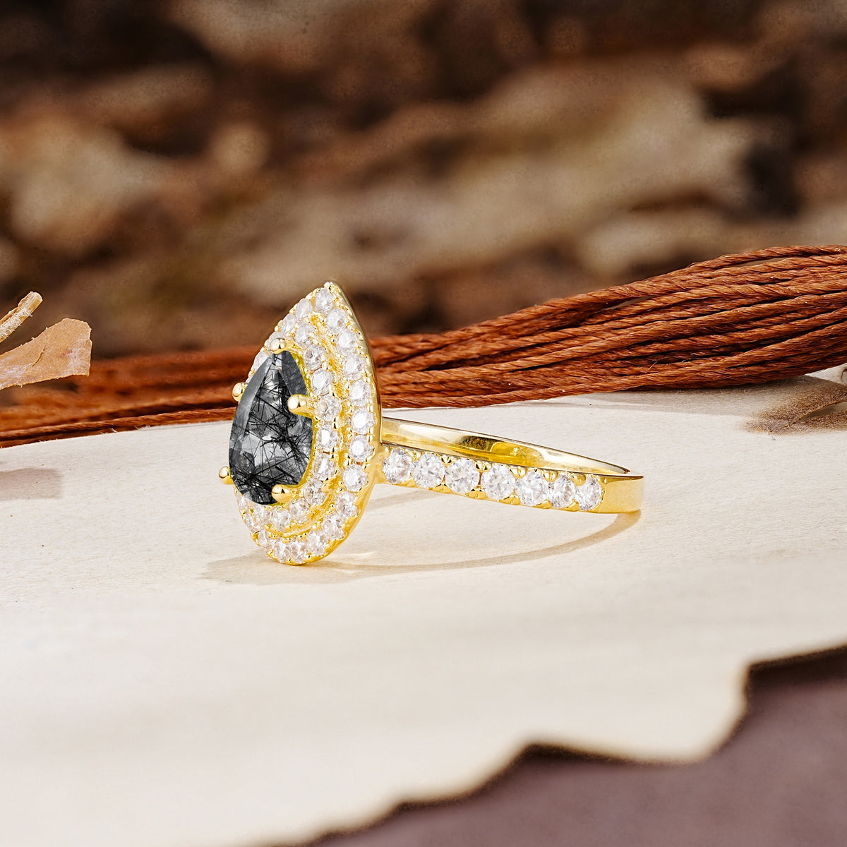 Retro-Luxe 5-Prong Pear Cut Black Rutilated Quartz Engagement Ring - Additional view