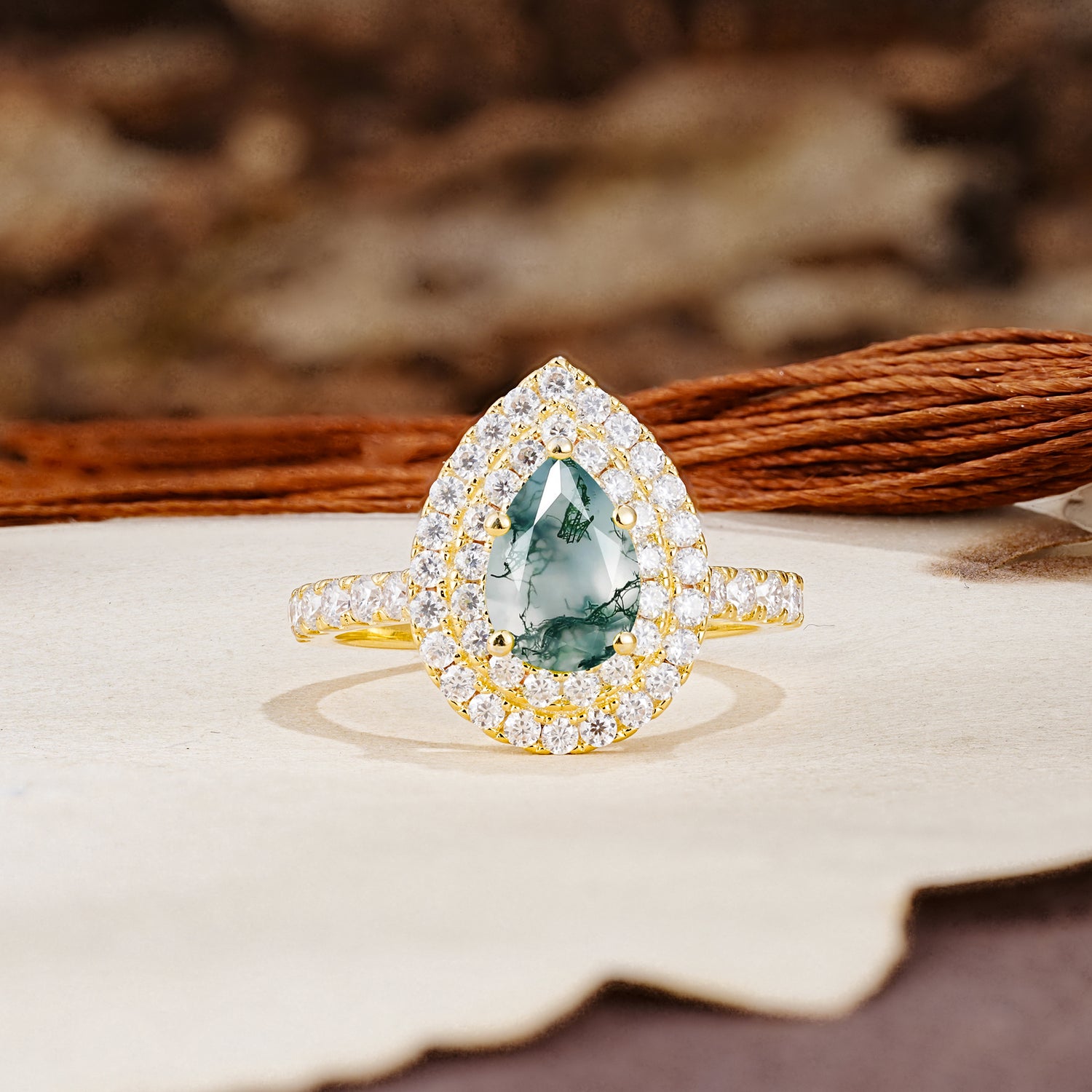 Retro-Luxe 5-Prong Pear Cut Moss Agate Engagement Ring