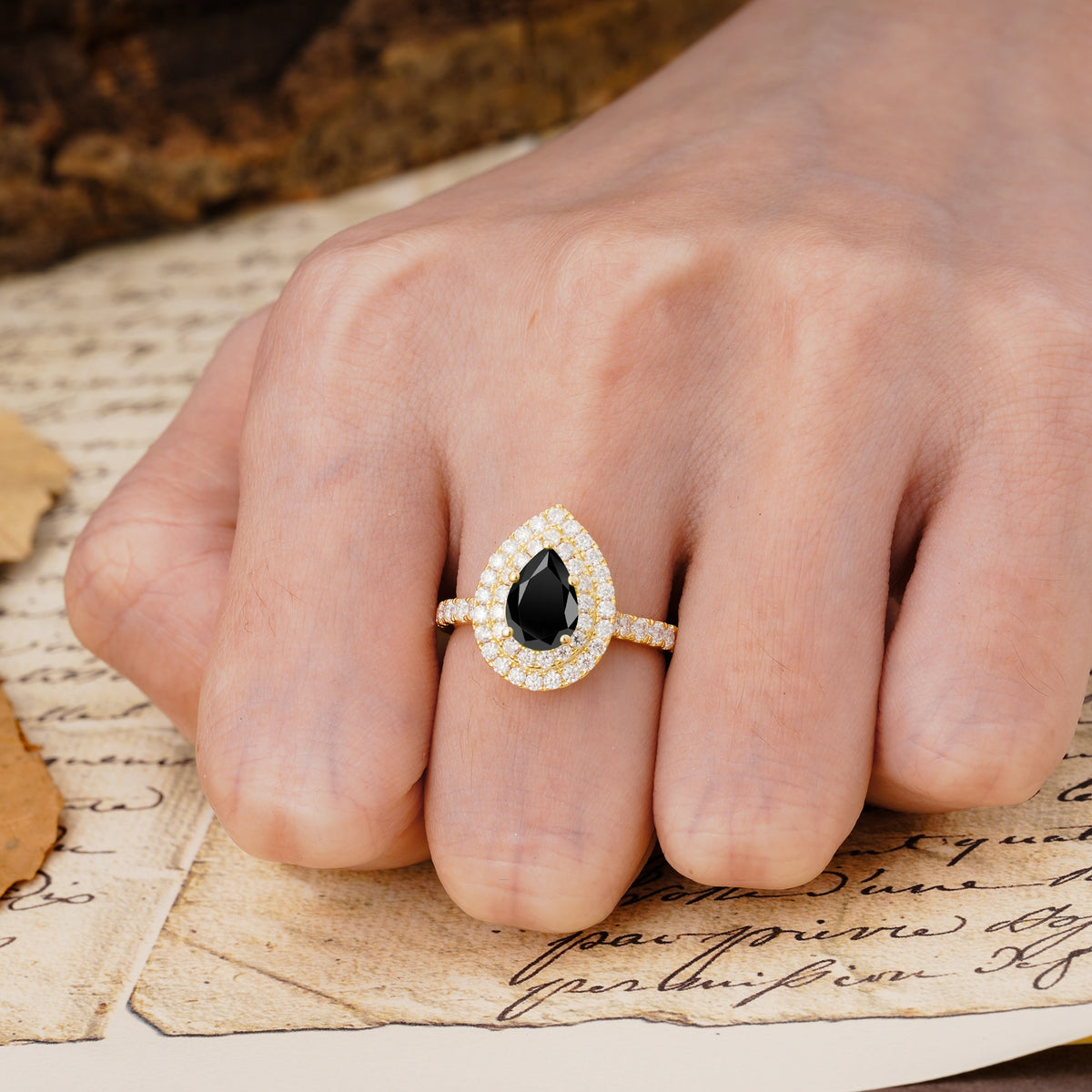 Retro-Luxe 5-Prong Pear Cut Black Onyx Engagement Ring - Additional view