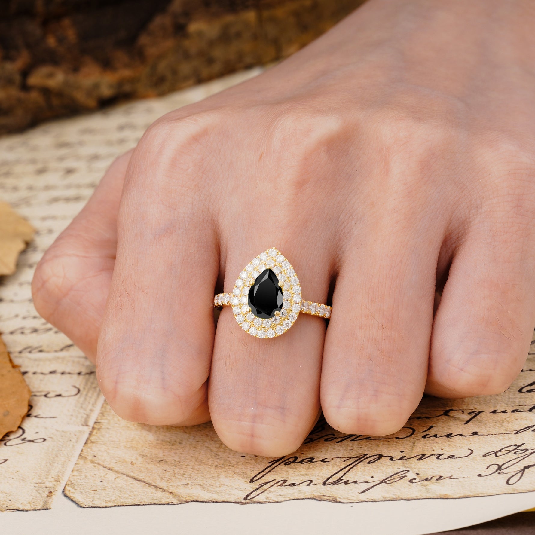 Retro-Luxe 5-Prong Pear Cut Black Onyx Engagement Ring - Additional view