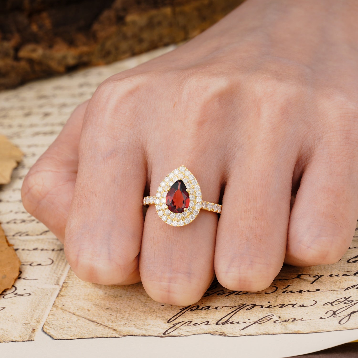 Retro-Luxe 5-Prong Pear Cut Garnet Engagement Ring - Additional view